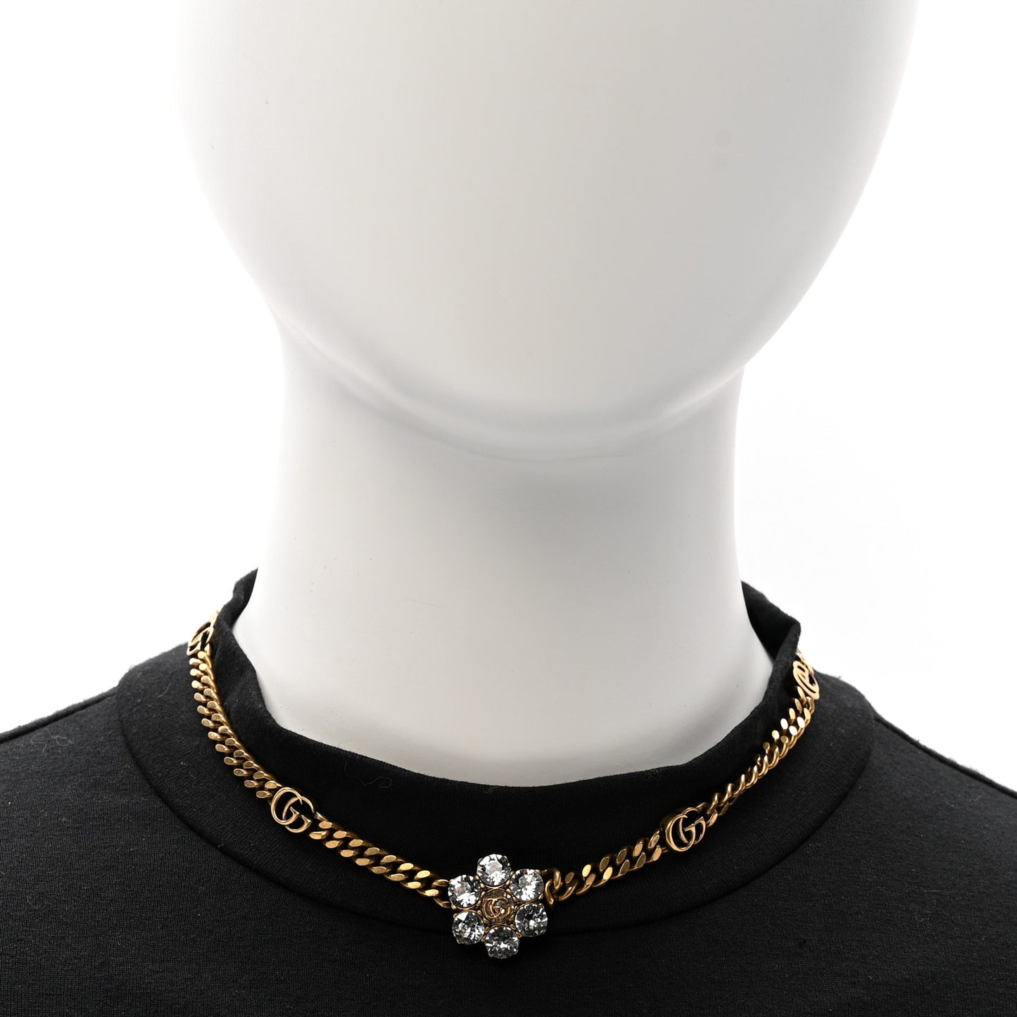 Crystal Double G Flower Chain Necklace Aged Gold