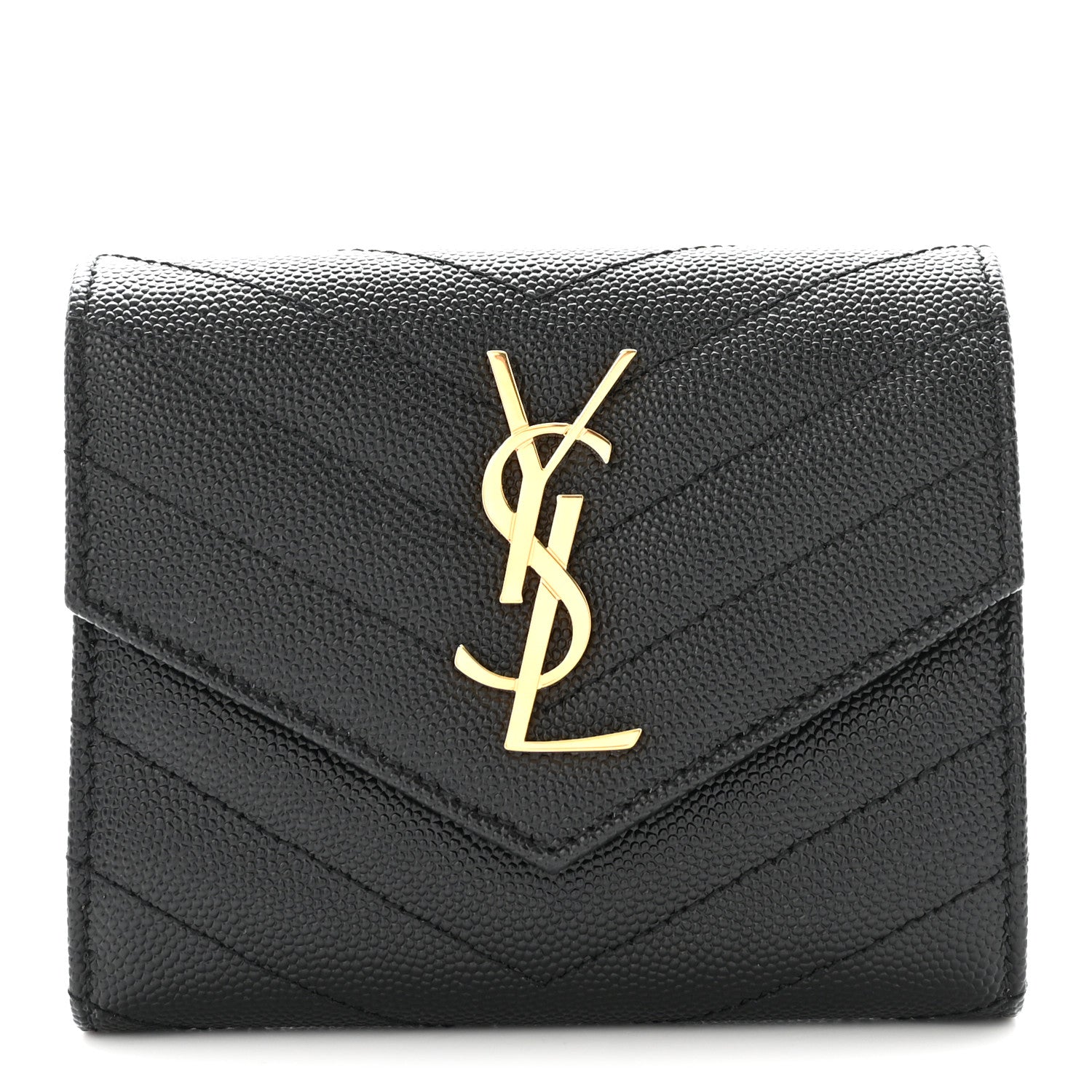 Saint Laurent Grain De Poudre Matelasse Chevron Monogram Compact Tri Fold Wallet Black 1 of 7