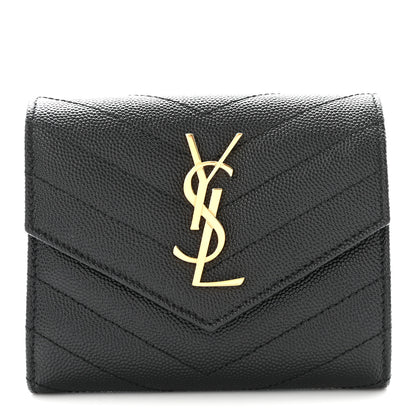 Saint Laurent Grain De Poudre Matelasse Chevron Monogram Compact Tri Fold Wallet Black 1 of 7
