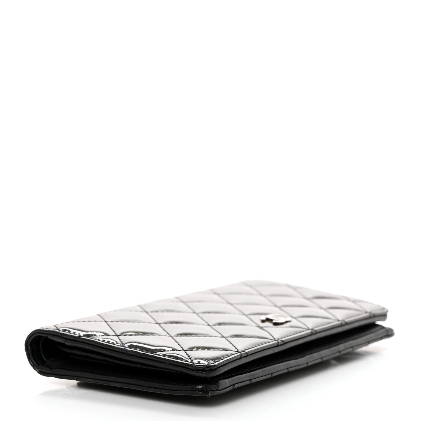 Striated Patent Calfskin Quilted Yen Wallet Black