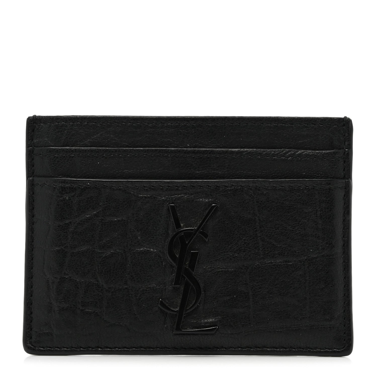 Saint Laurent Calfskin Crocodile Embossed Monogram Credit Card Case Black 1 of 8