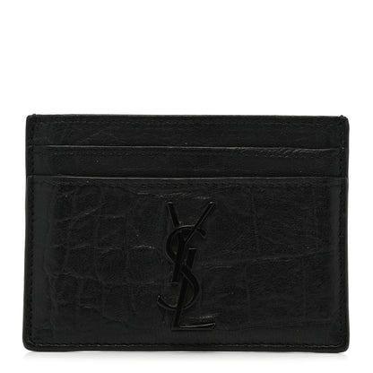 Saint Laurent Calfskin Crocodile Embossed Monogram Credit Card Case Black 1 of 8