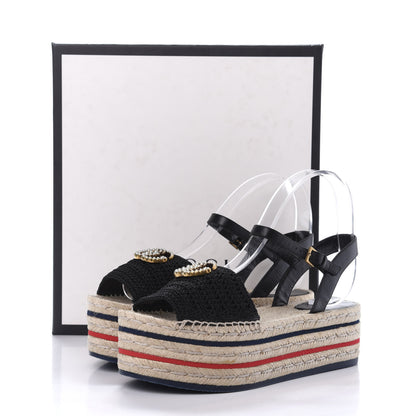 Gucci Cotton Malaga Kid Crochet Pearly GG Lilibeth Espadrille Platform Sandals 38 Black 10 of 10