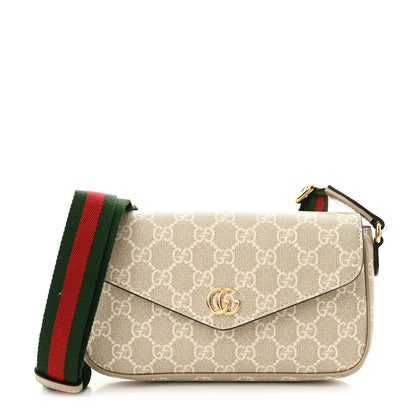 Gucci GG Supreme Monogram Textured Dollar Calfskin Web Mini Ophidia Envelope Shoulder Bag Beige Mystic White Oatmeal 1 of 10