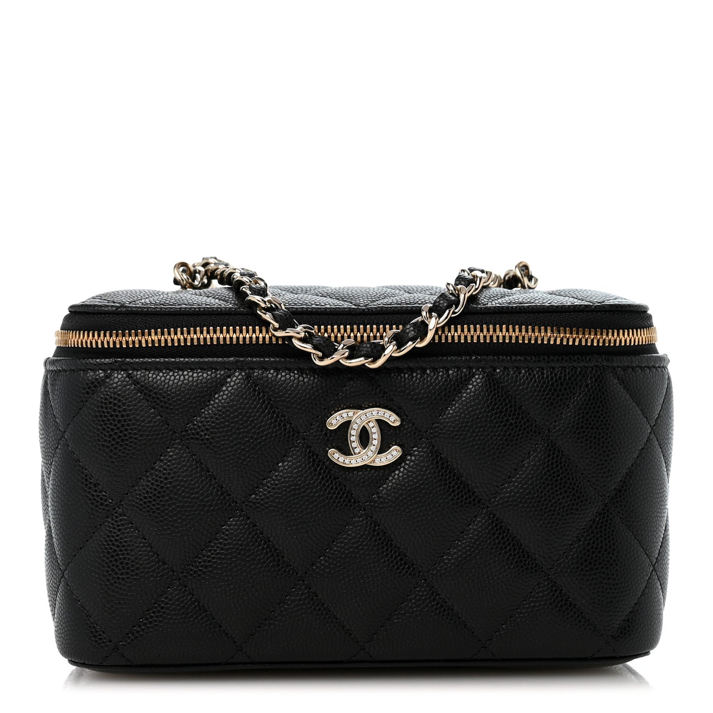 Caviar Quilted Crystal CC Logo Vanity Case With Chain Black