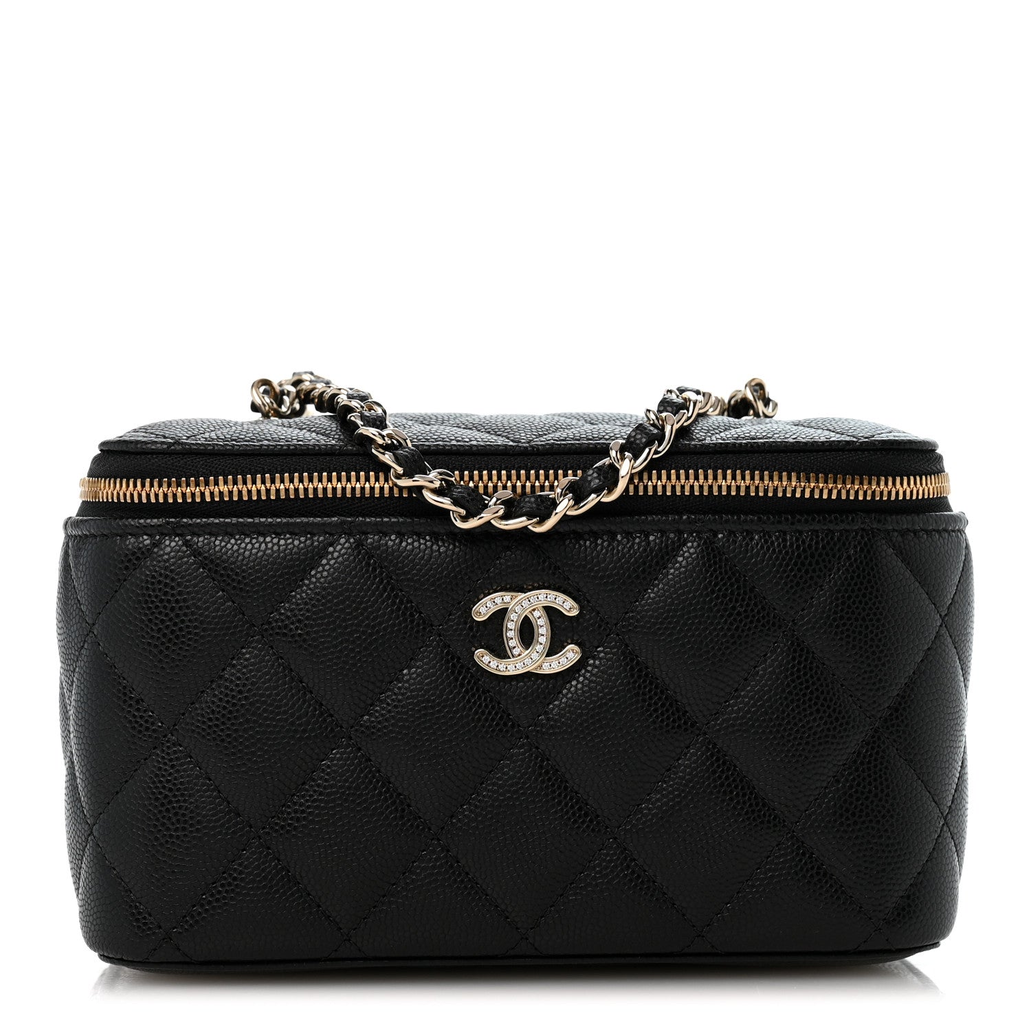 Chanel Caviar Quilted Crystal CC Logo Vanity Case With Chain Black 1 of 12