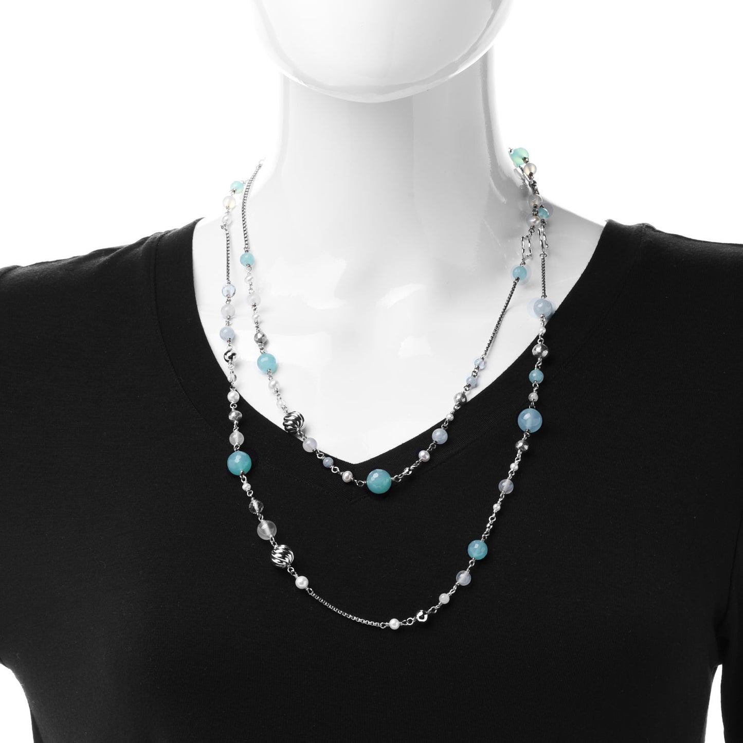 Sterling Silver Pearl Aquamarine Chalcedony 14mm Quatrefoil Necklace