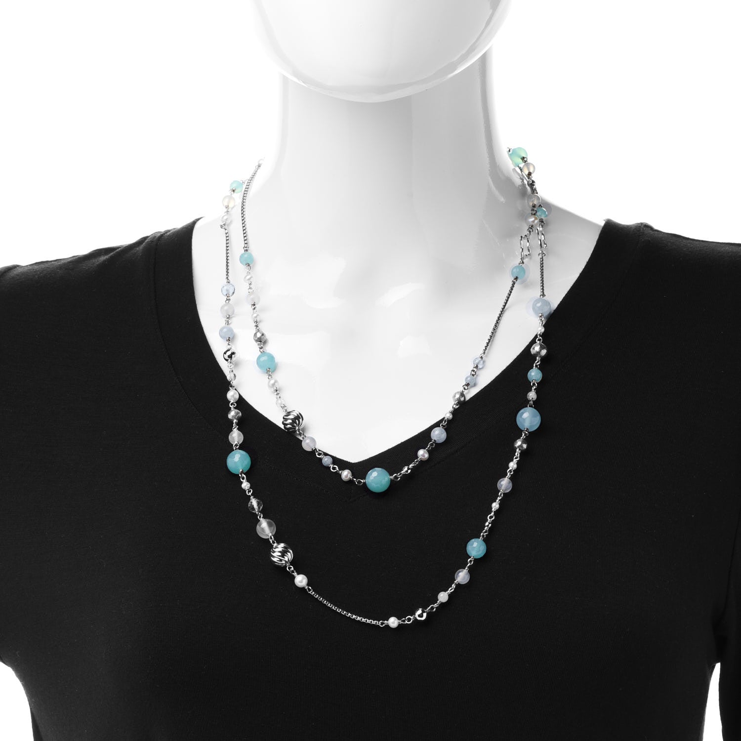 David Yurman Sterling Silver Pearl Aquamarine Chalcedony 14mm Quatrefoil Necklace 2 of 5