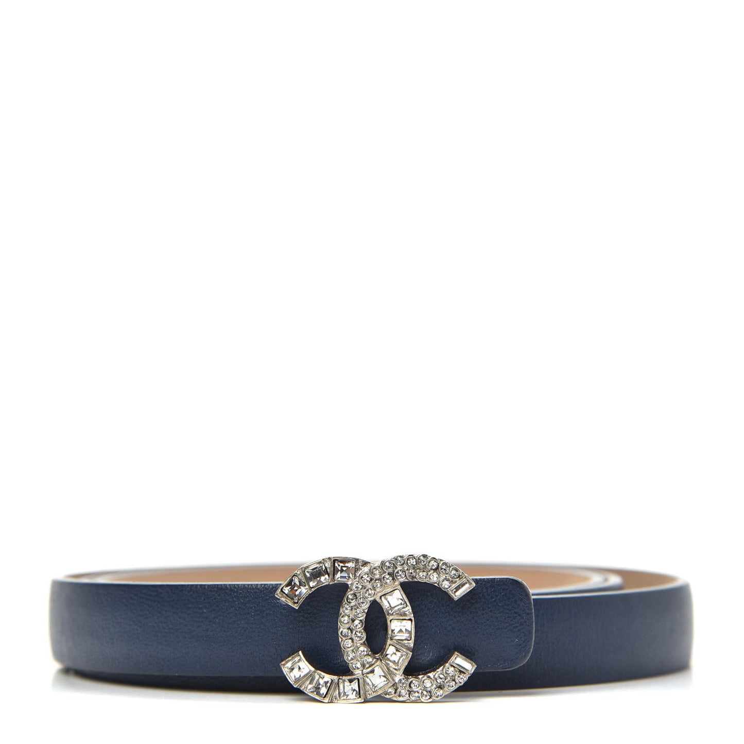 Lambskin Crystal CC Logo Skinny Belt 85 34 Navy