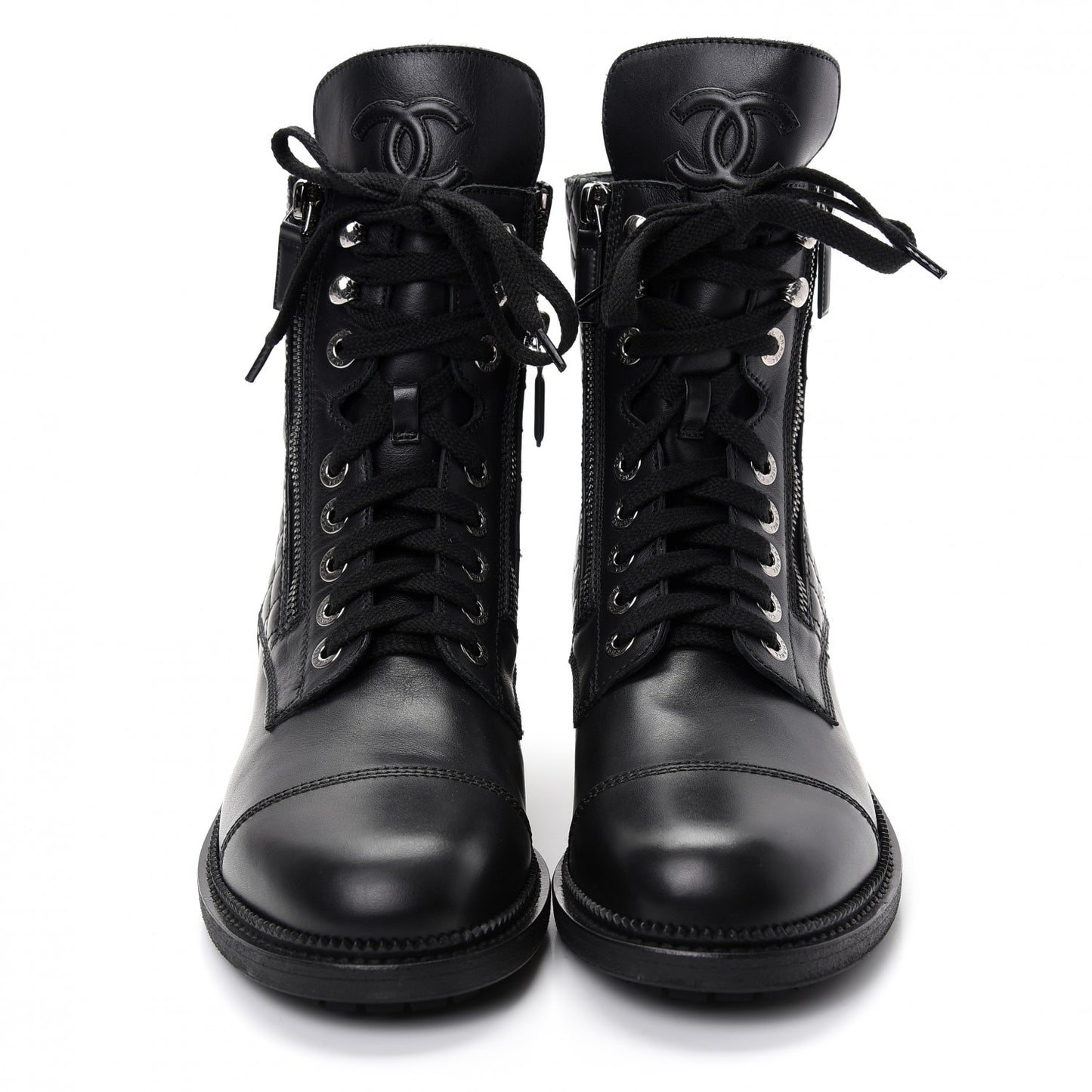 Calfskin Quilted Lace Up Combat Boots 40.5 Black