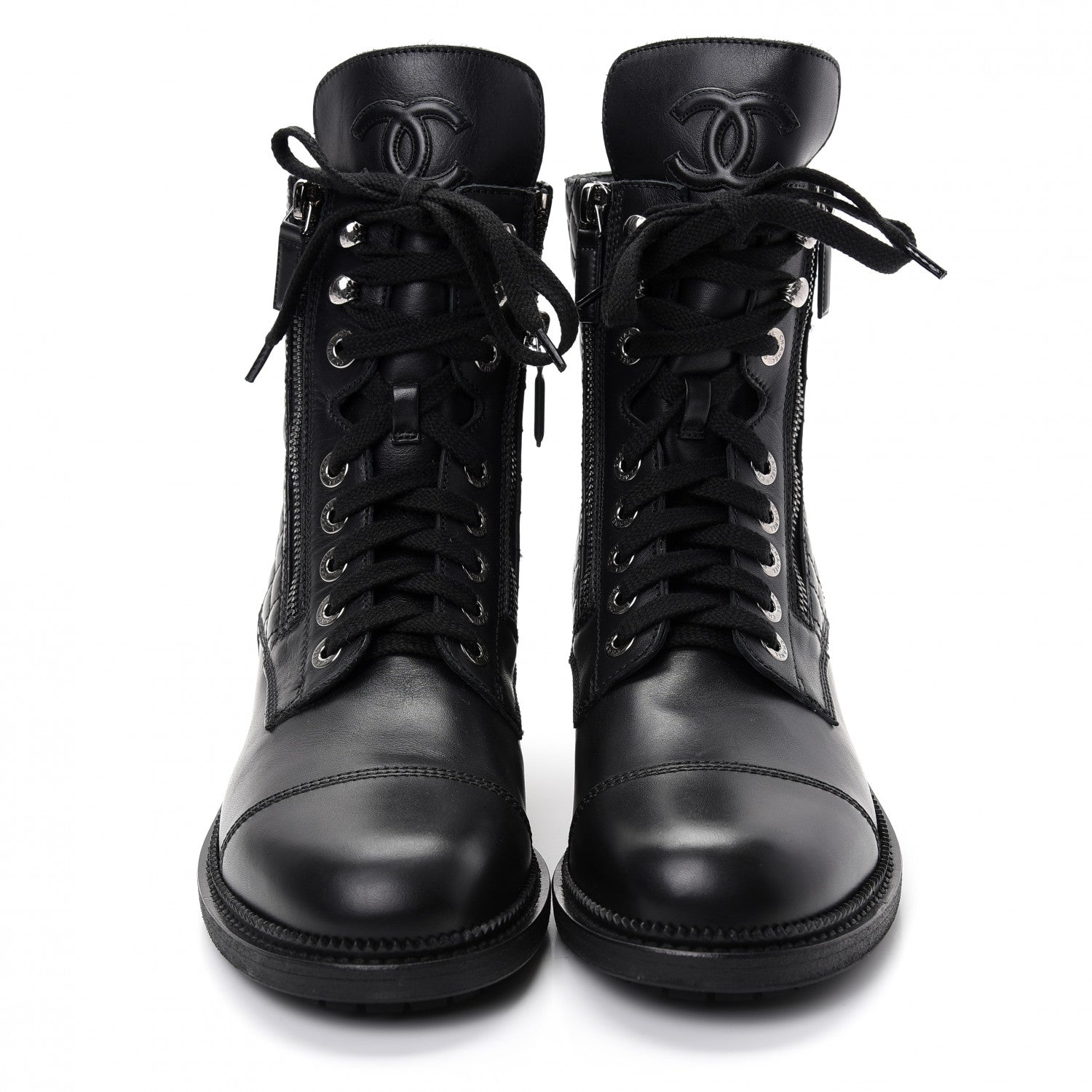 Chanel Calfskin Quilted Lace Up Combat Boots 40.5 Black 2 of 11