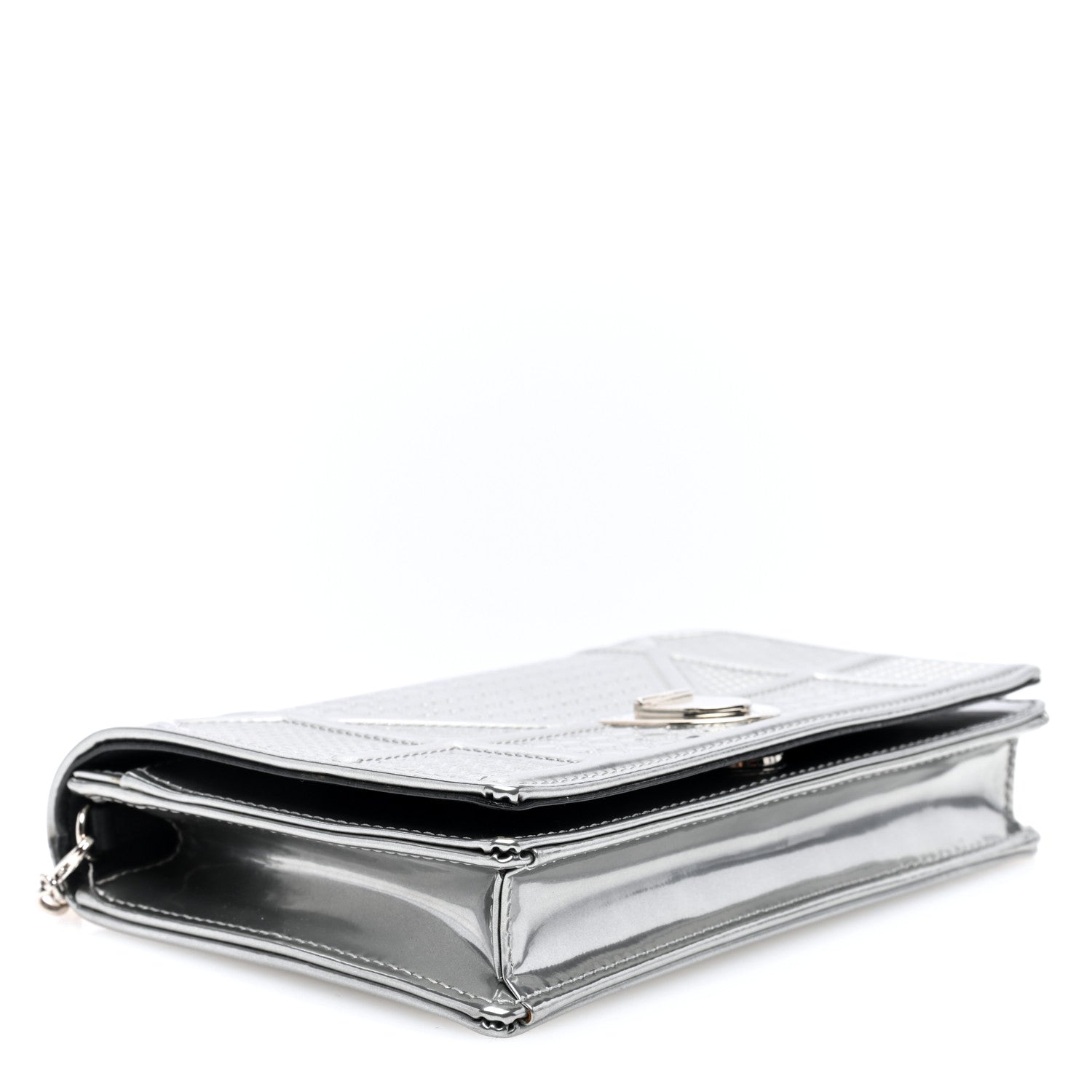 Christian Dior Metallic Patent Micro-Cannage Diorama Wallet on Chain Pouch Silver 3 of 8