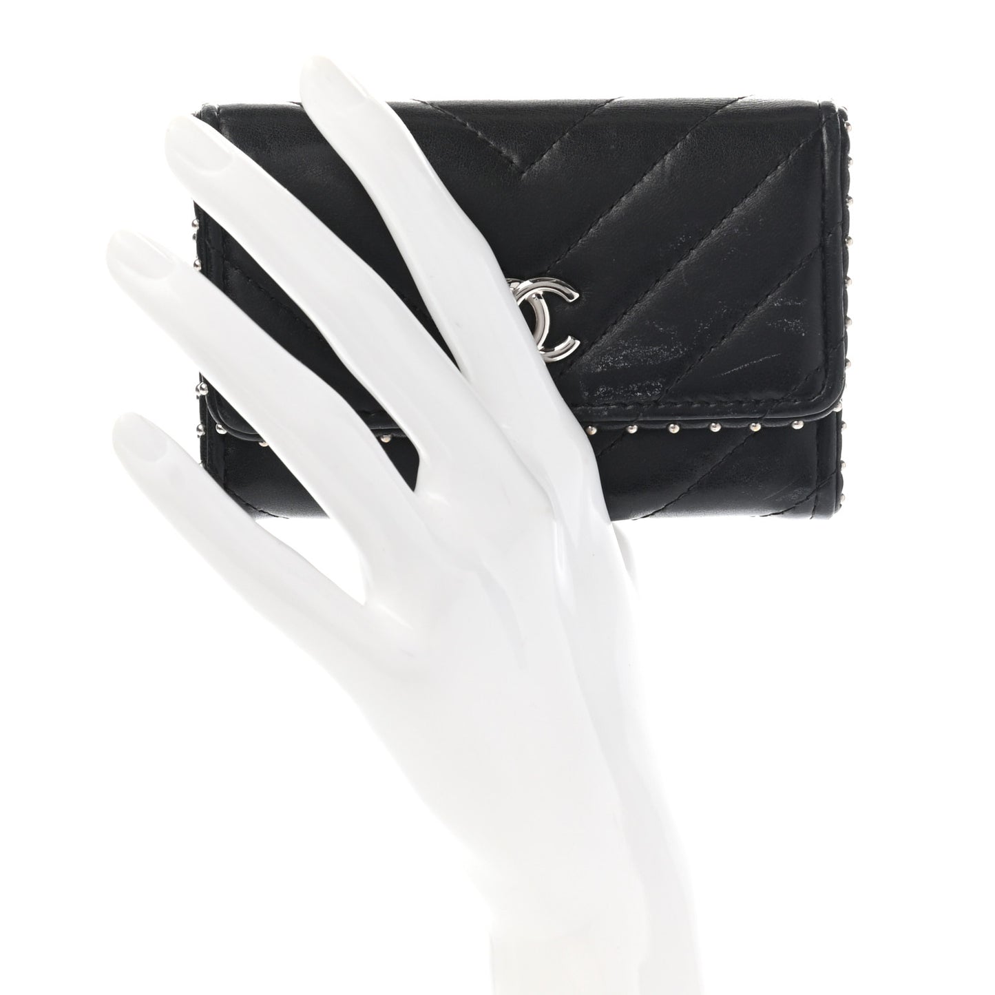 Lambskin Chevron Quilted Studded Flap Card Holder Black