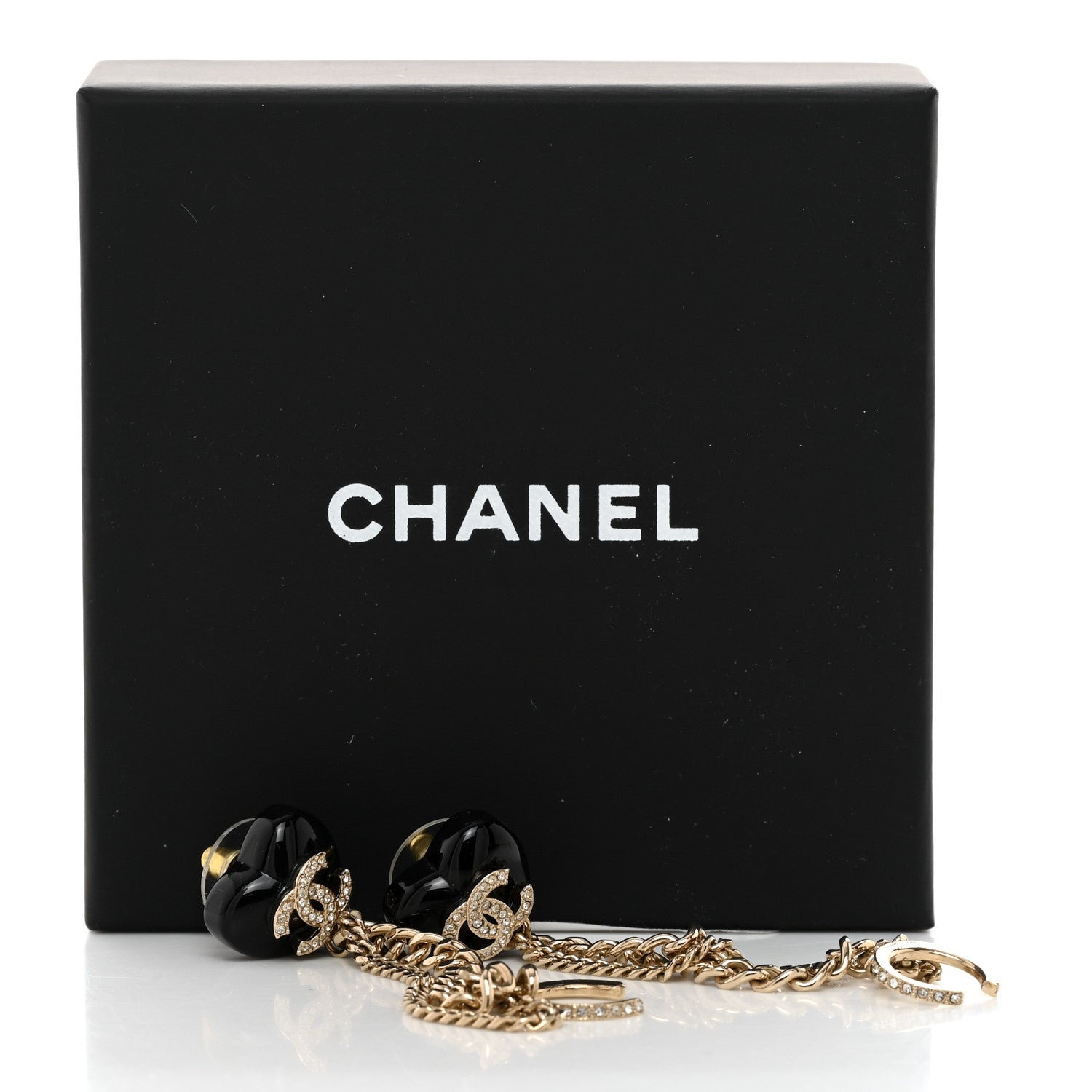 Chanel Resin Crystal CC Heart Chain Cuff Earrings Black Gold 5 of 5