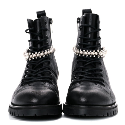 Jimmy Choo Grained Calfskin Crystal Embellished Cruz Combat Boots 38 Black 2 of 7