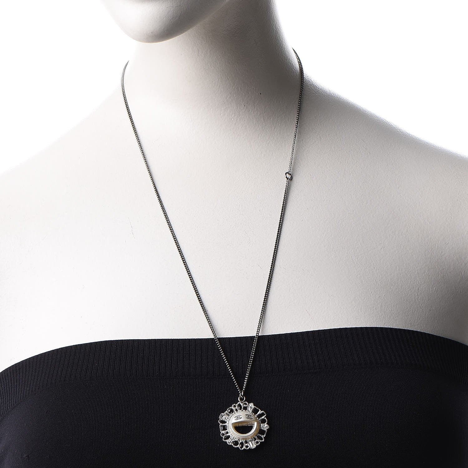 Chanel Crystal CC Smiley Emoji Pendant Necklace Silver Black 2 of 6
