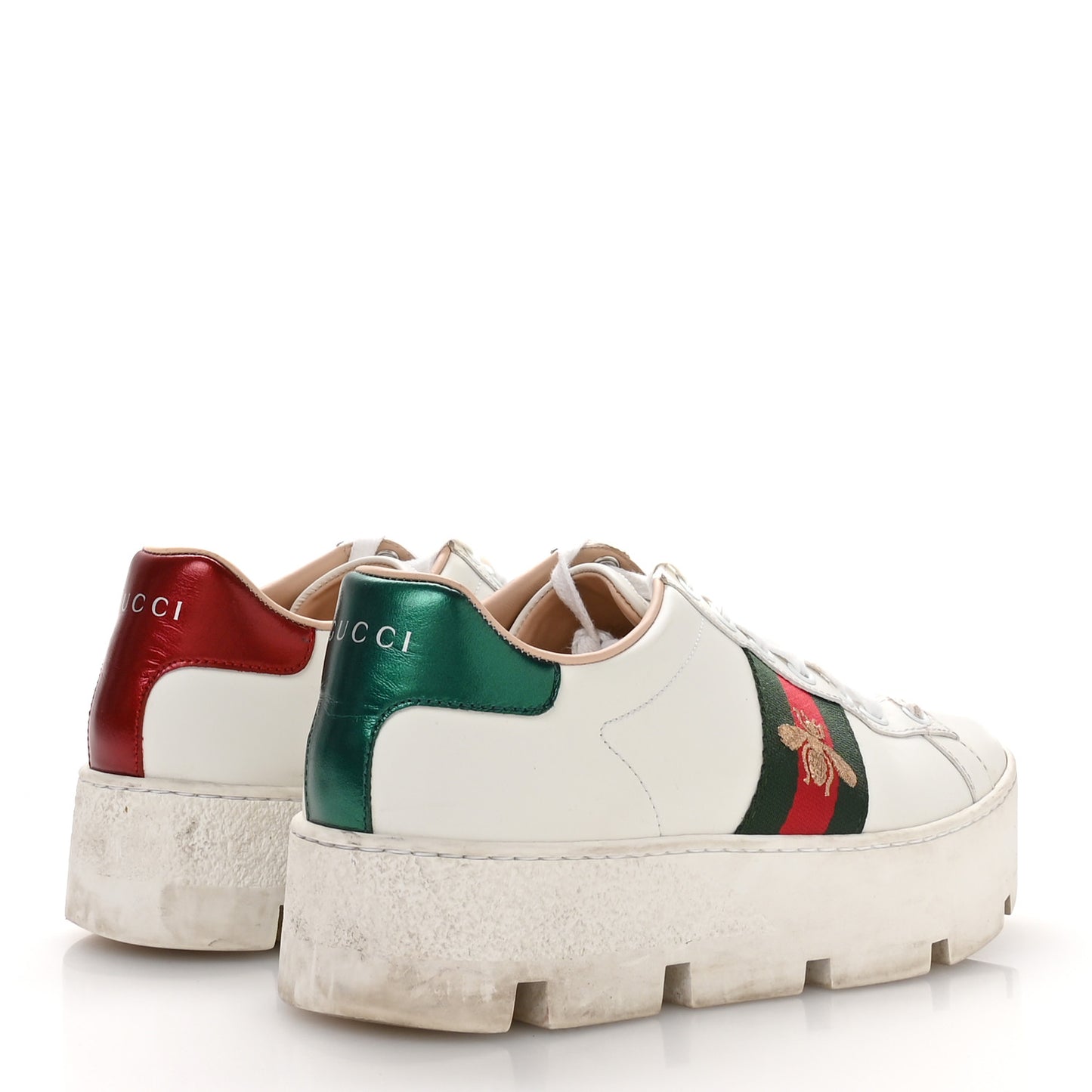 Calfskin Web Bee Embroidered Womens Ace Platform Sneakers 38 White