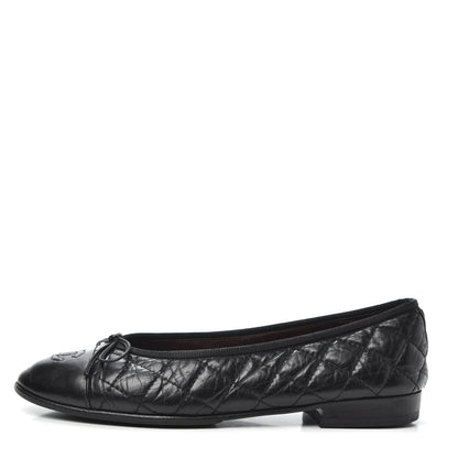 Chanel Aged Calfskin Quilted CC Cap Toe Ballerina Flats 37.5 Black 1 of 6