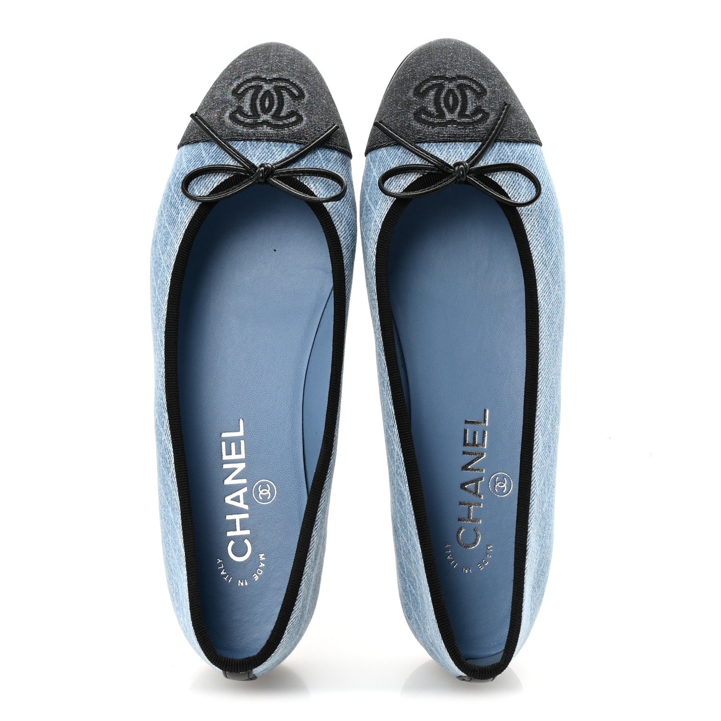 Denim Printed Quilt CC Cap Toe Ballerina Flats 38 Light Blue Dark Grey