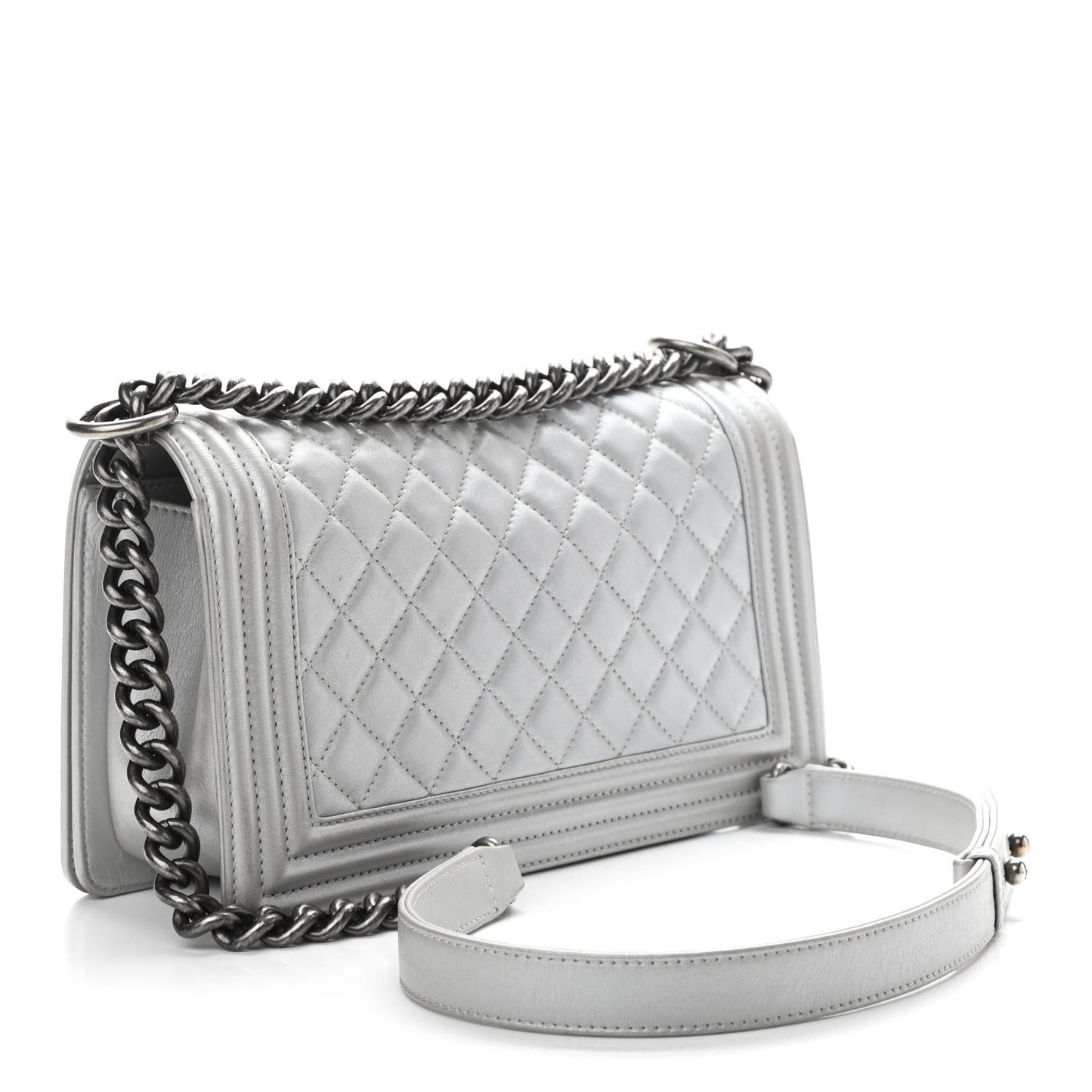 Metallic Calfskin Quilted Medium Boy Flap Silver