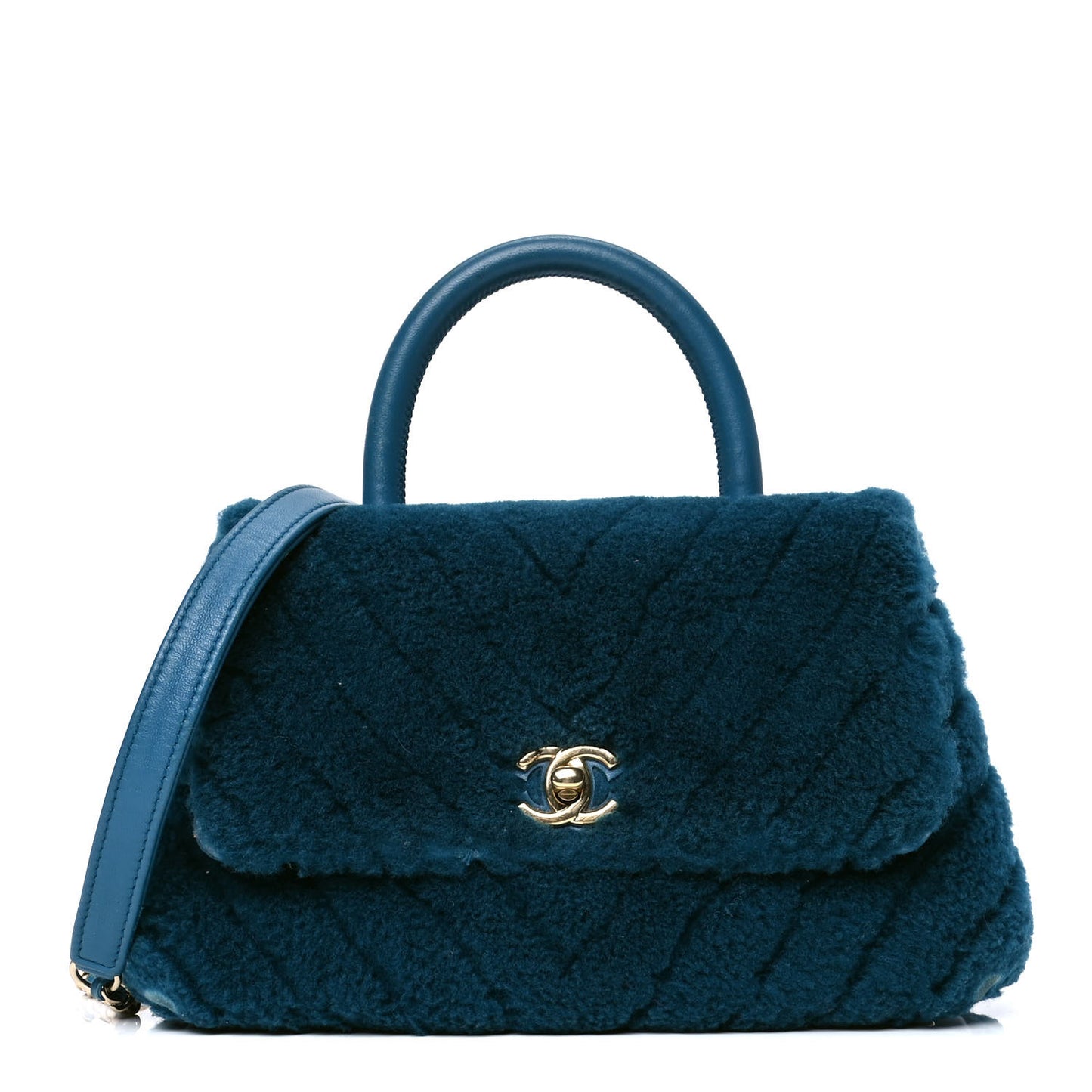 Shearling Lambskin Chevron Quilted Mini Coco Handle Flap Turquoise