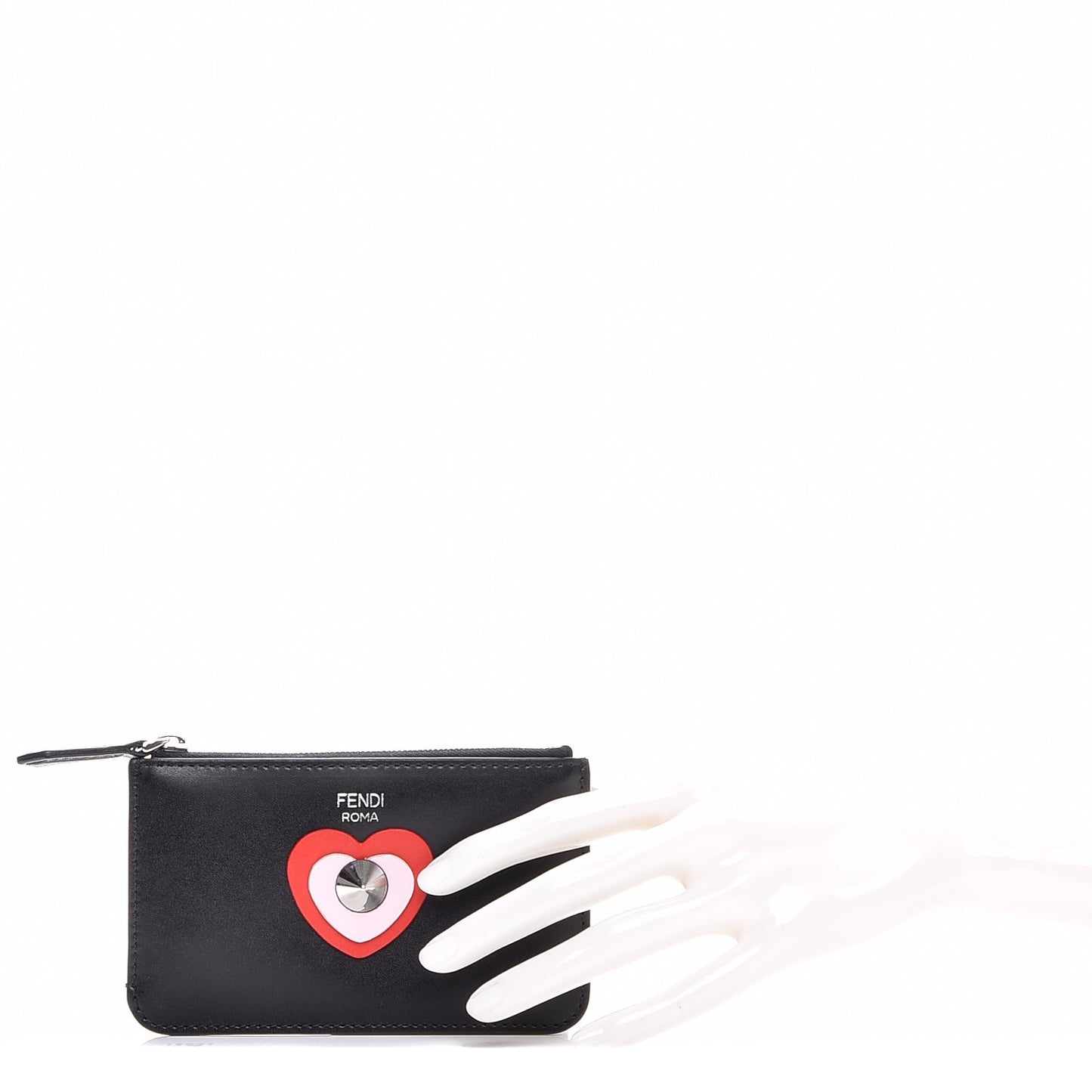 Vitello Applique Heart Coin Pouch Key Case Black