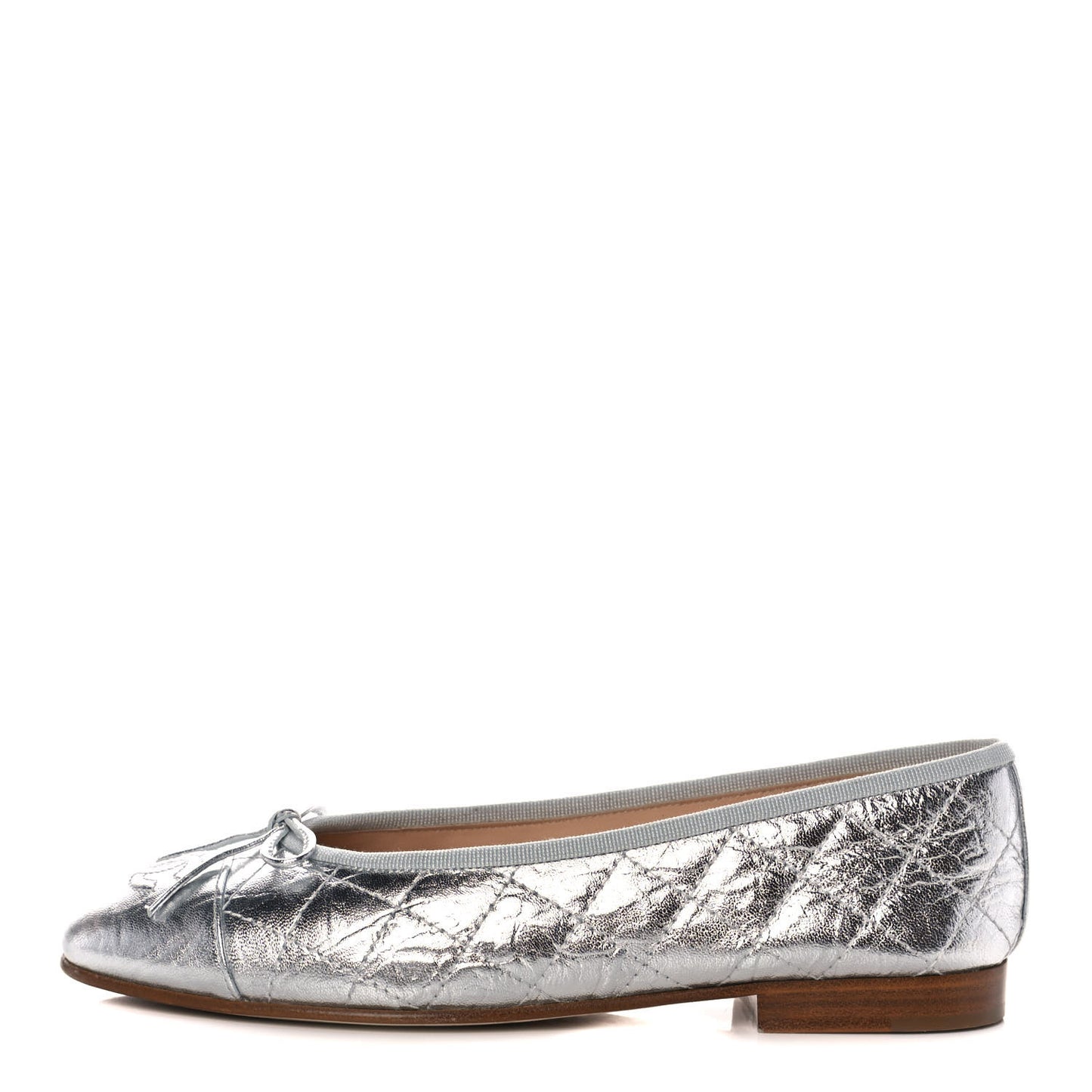 Metallic Aged Calfskin Quilted Cap Toe Ballerina Flats 36.5 Silver