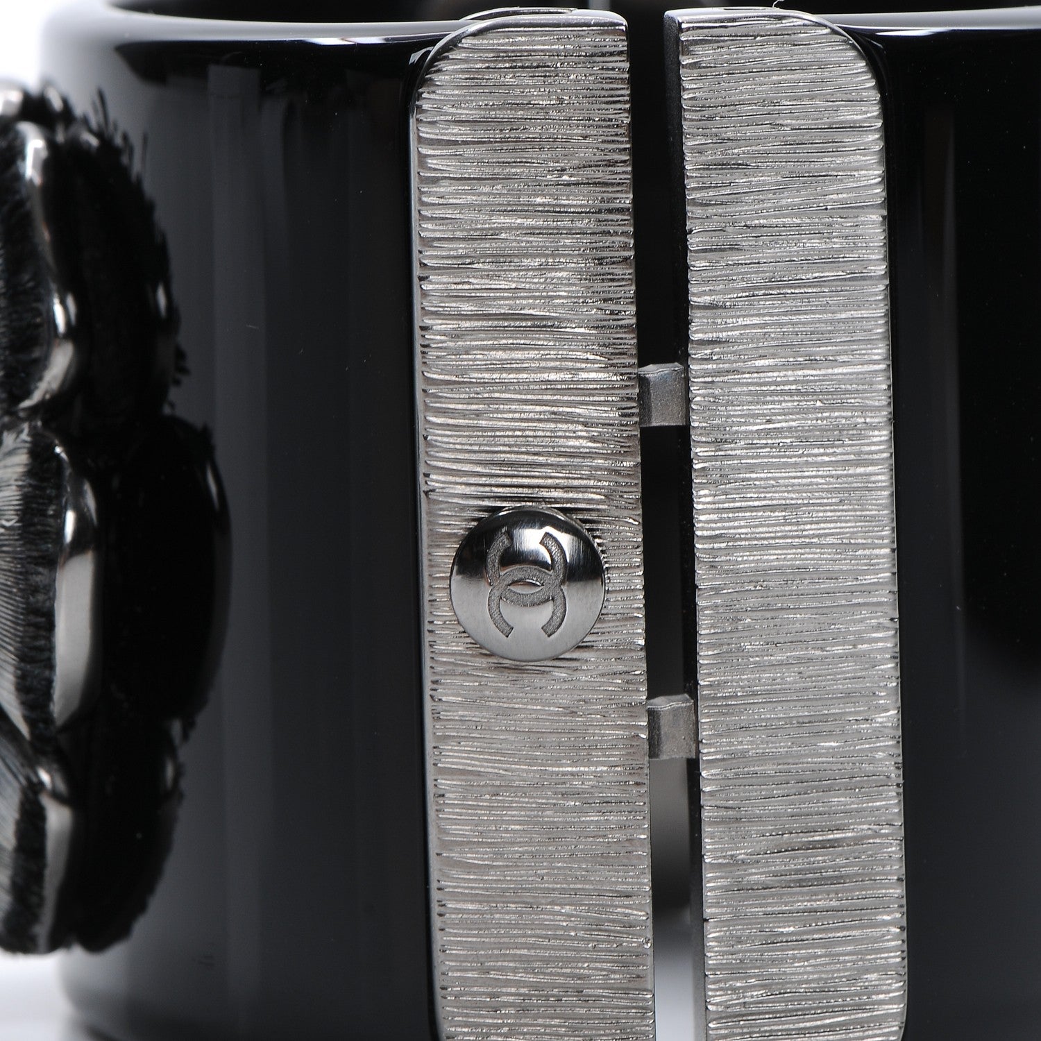 Chanel Resin Crystal Feather CC Camellia Wide Cuff Black 6 of 8