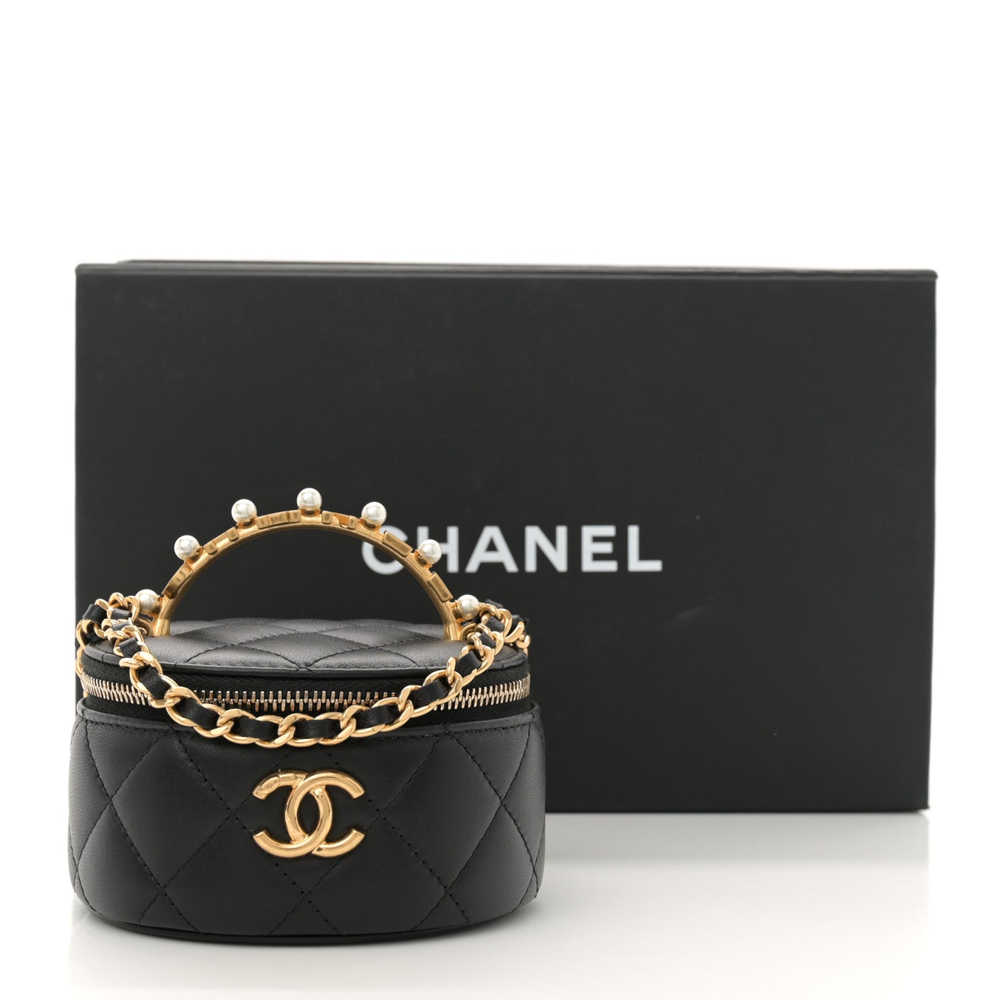 Lambskin Pearl Crystal Quilted Pearly Girl Top Handle Round Vanity Case With Chain Black