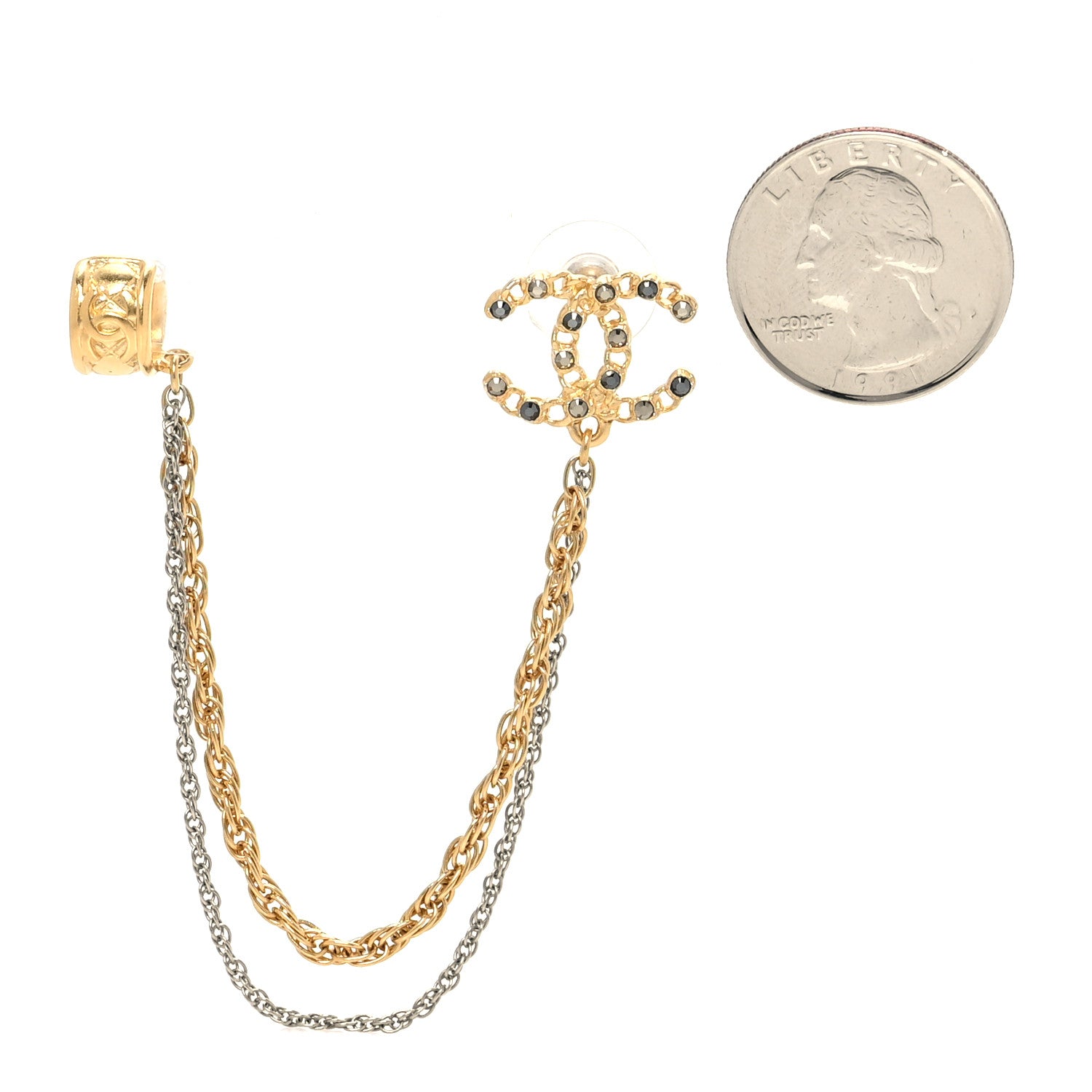 Chanel Crystal CC Chain Cuff Single Earring Gold Silver 2 of 4