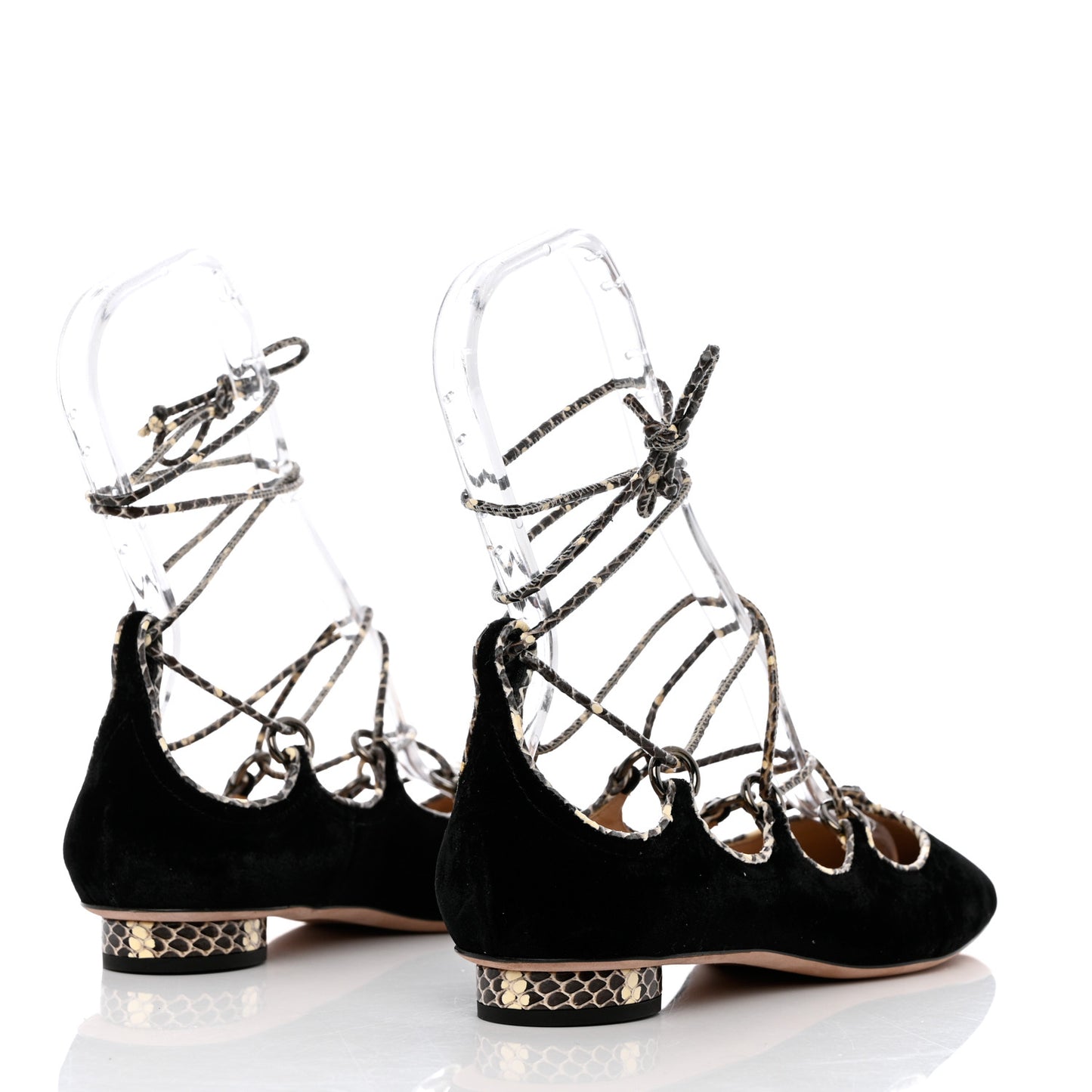 Calfskin Snakeskin Embossed Velvet Crossover Ballerina Flats 38 Black Roccia