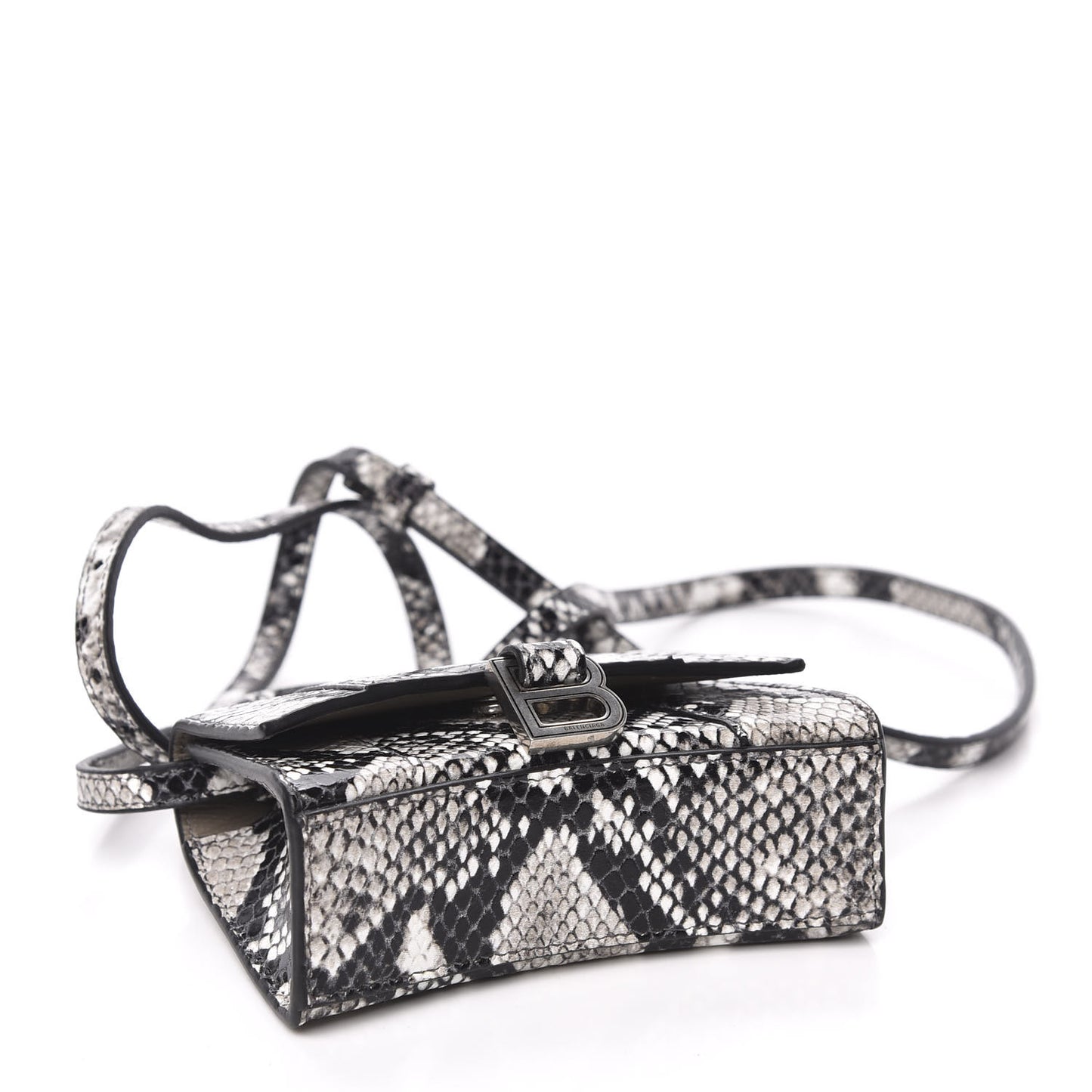 Shiny Calfskin Python Effect Hourglass Top Handle Bag Mini Black White