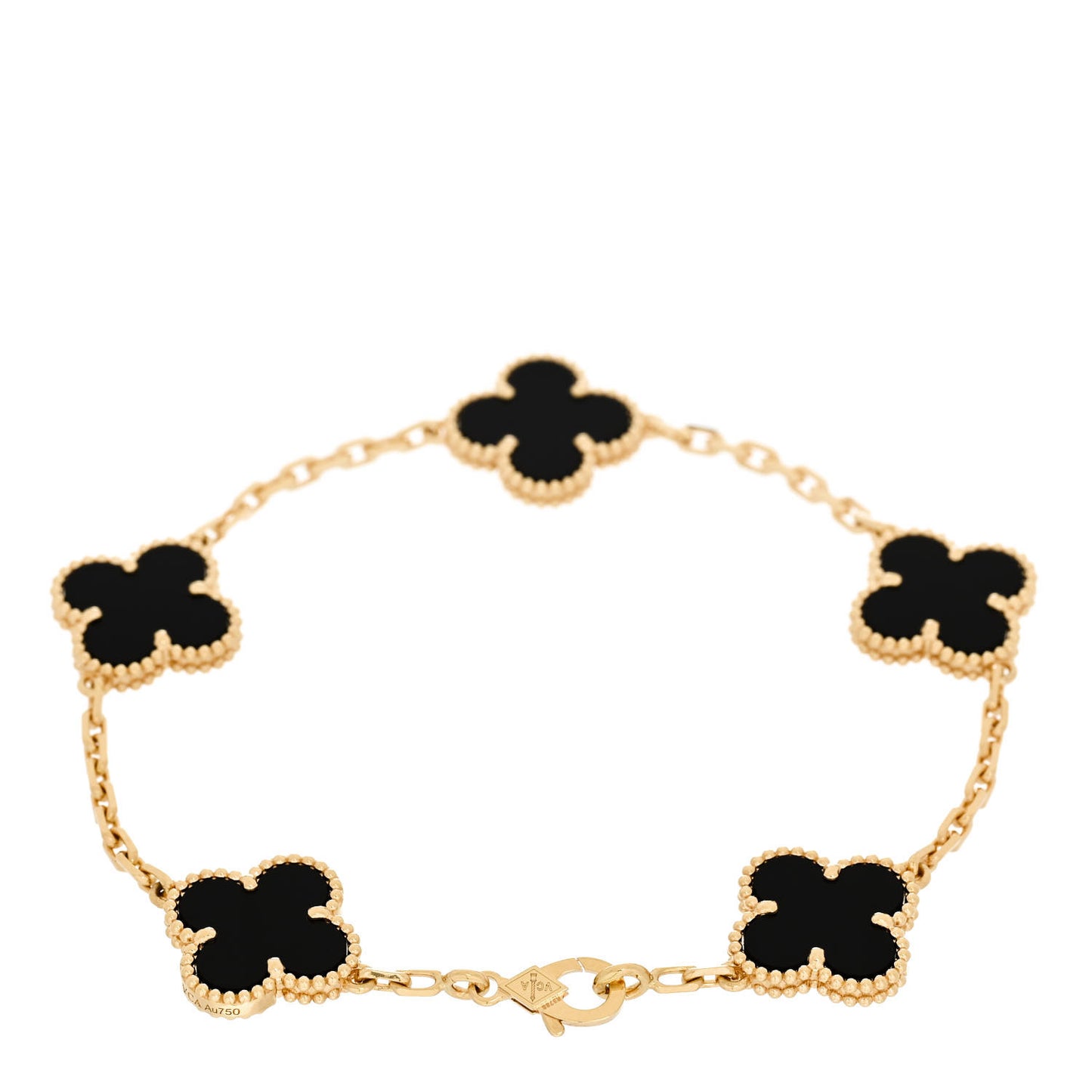 18K Yellow Gold Black Onyx 5 Motifs Vintage Alhambra Bracelet