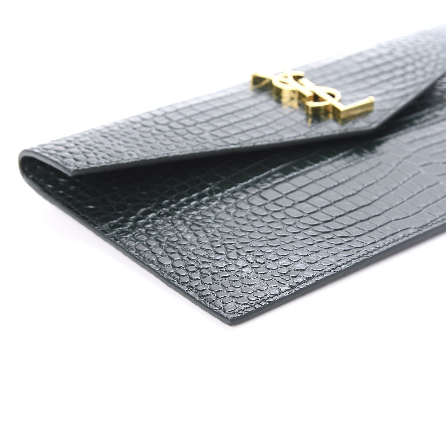 Calfskin Crocodile Embossed Uptown Monogram Clutch Dark Green