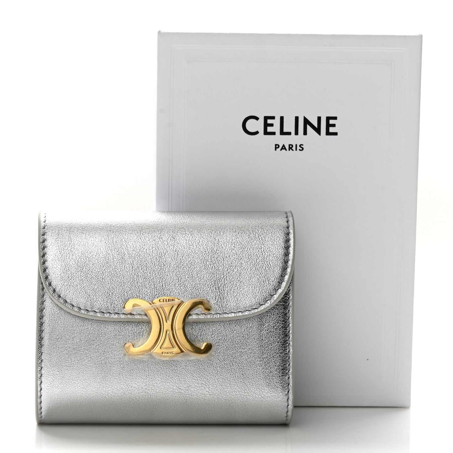 Metallic Calfskin Small Triomphe Wallet Silver