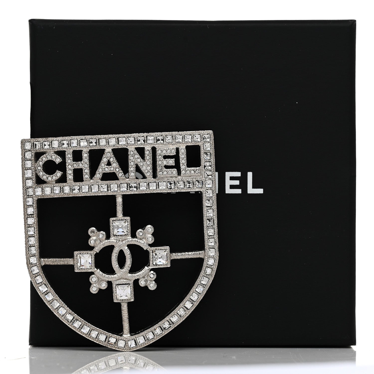 Chanel Swarovski Baguette Crystal CC Shield Brooch 4 of 4
