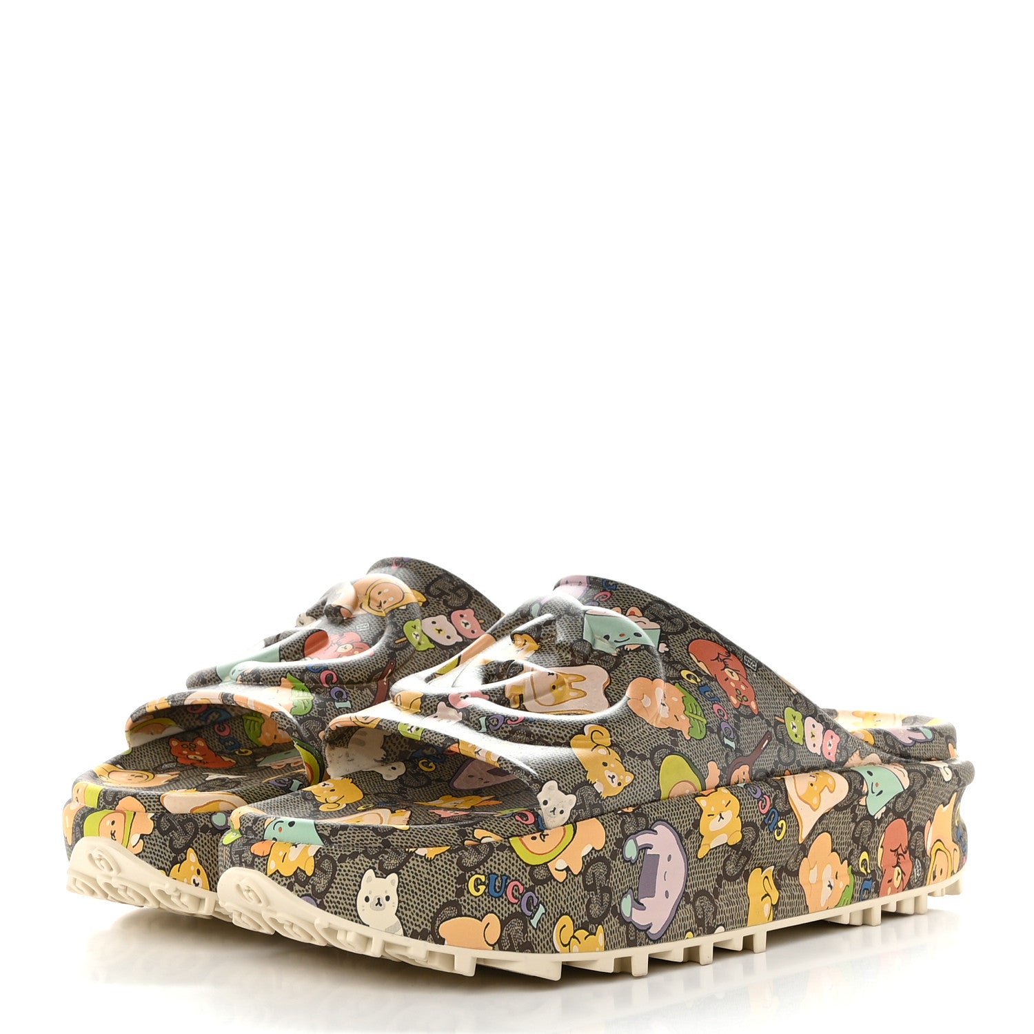 Gucci X PIKARAR Cubic Rubber Monogram Animal Print Womens Interlocking G Platform 42mm Slide Sandals 38 Beige Ebony Multicolor 3 of 9
