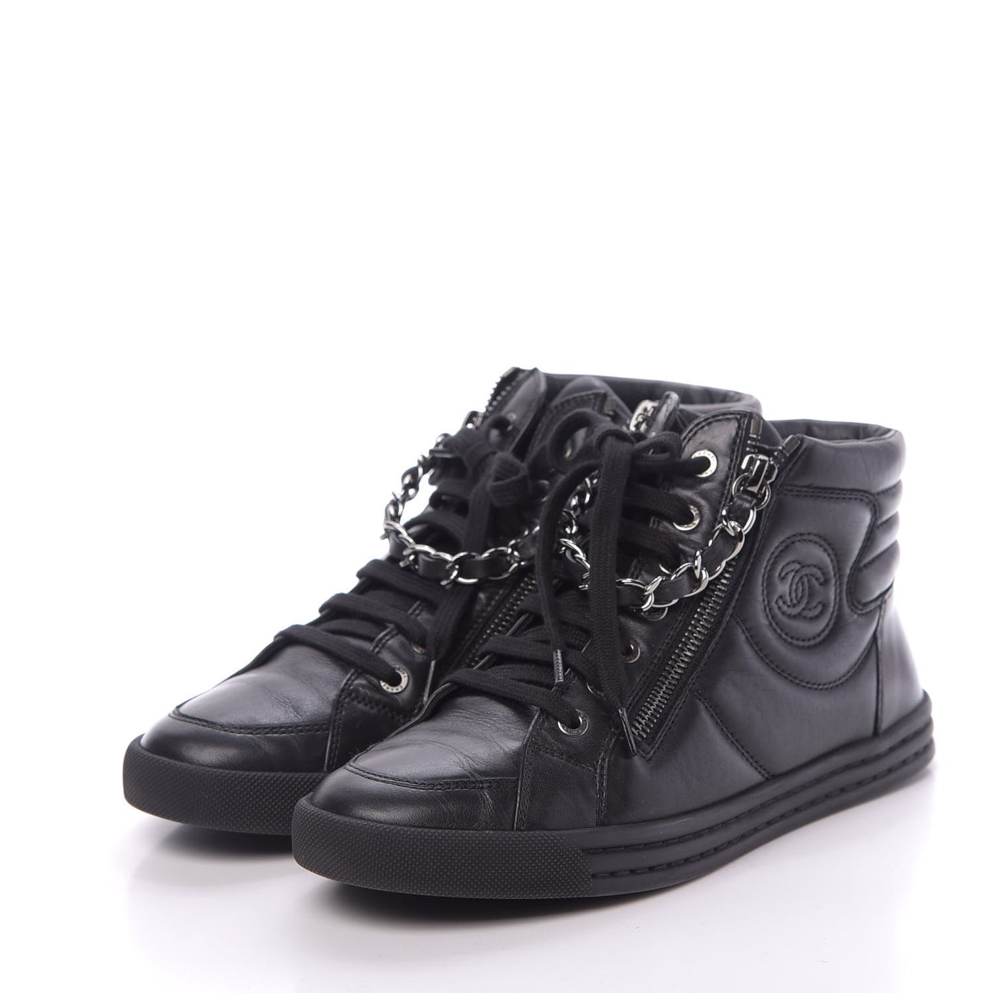 Lambskin Zipped Chain CC Sneakers 37 Black