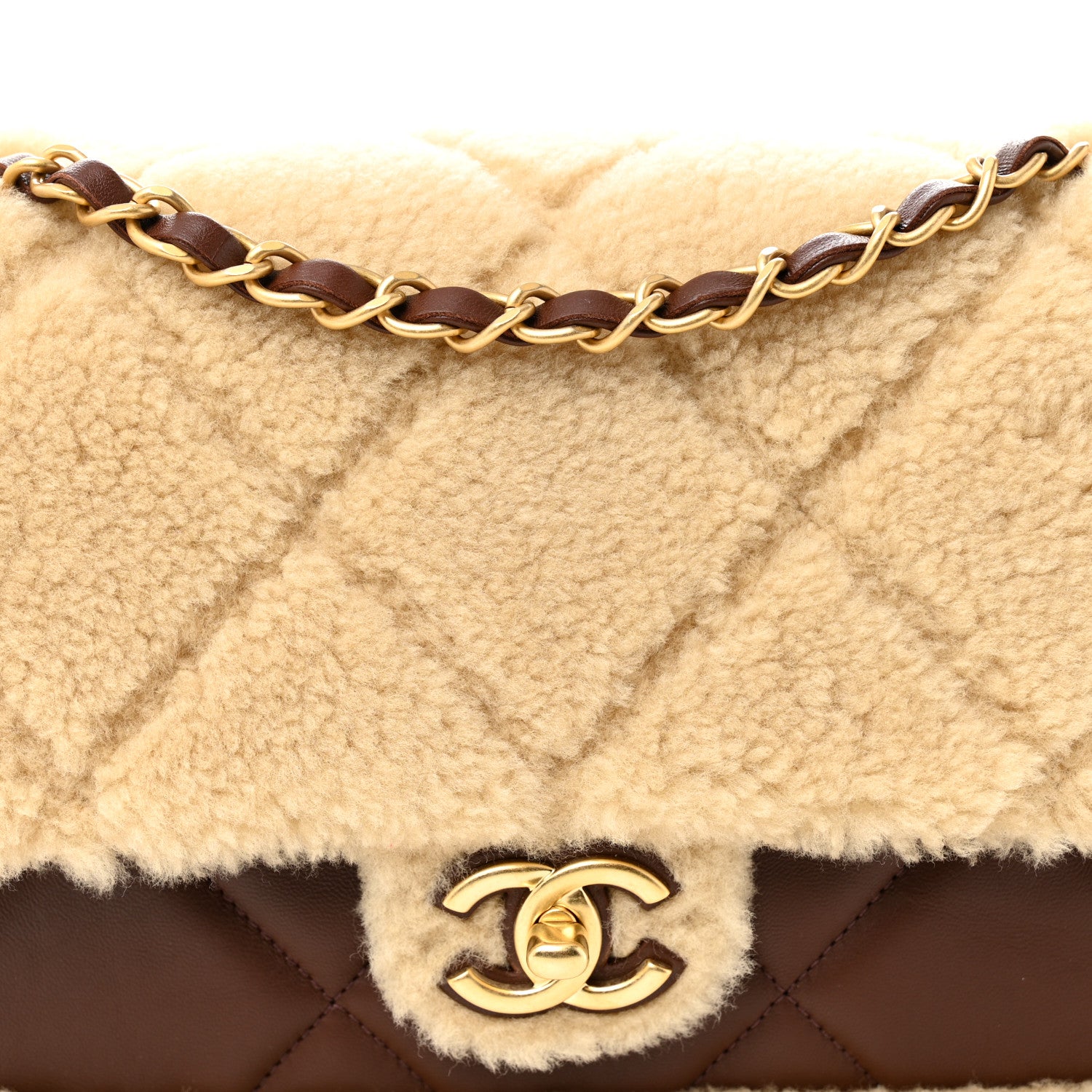 Chanel Shearling Lambskin Quilted Furry Coco Flap Beige Dark Brown 14 of 21