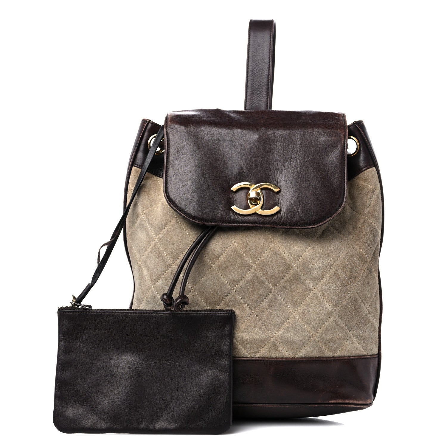 Chanel Suede Quilted Drawstring Sling Backpack Beige Brown 1 of 23