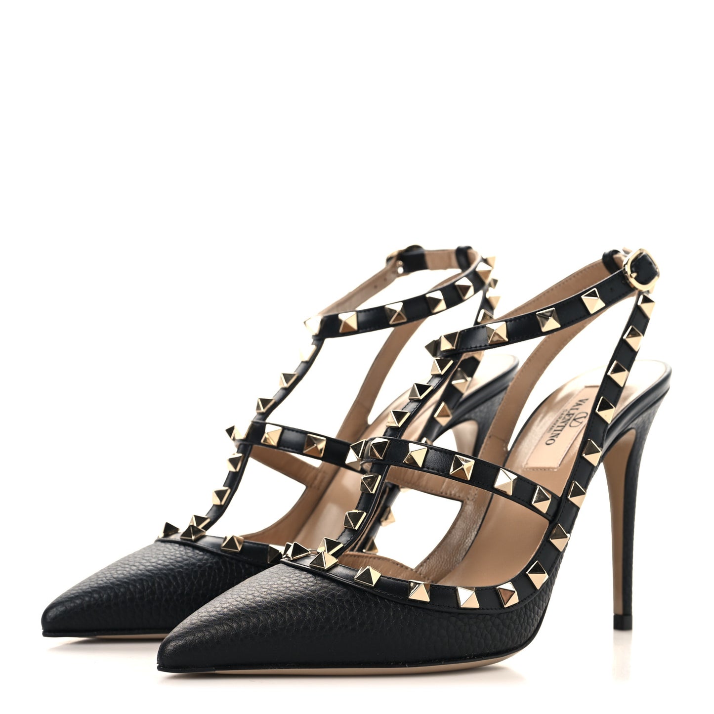 Pebbled Calfskin Rockstud Ankle Strap 100mm Pumps 38 Black
