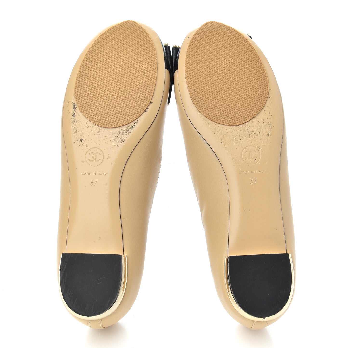 Lambskin Pearl Bow Ballerina Flats 37 Beige Black