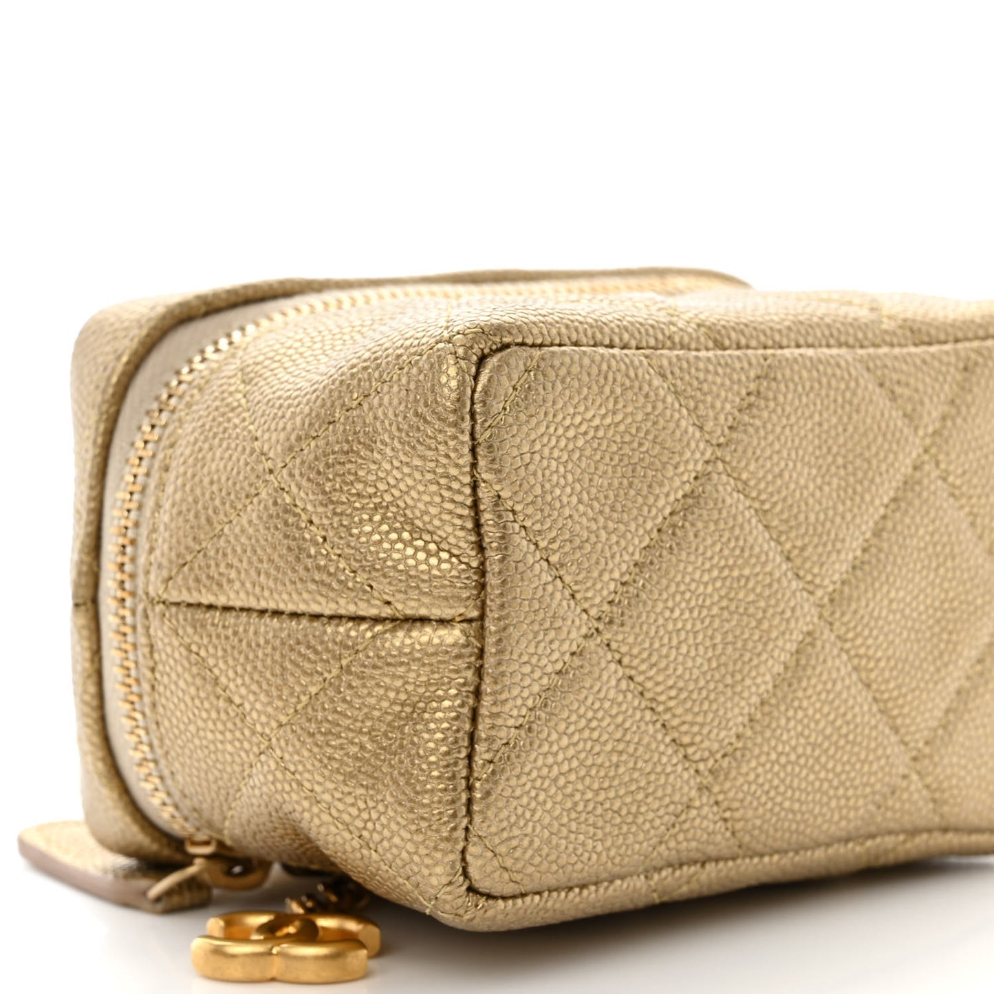 Metallic Caviar Quilted Mini Top Handle Vanity With Chain Gold
