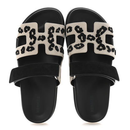 Hermes Suede Goatskin Womens Tufted Leopard Chypre Sandals  38 Beige Esquisse Black 2 of 9