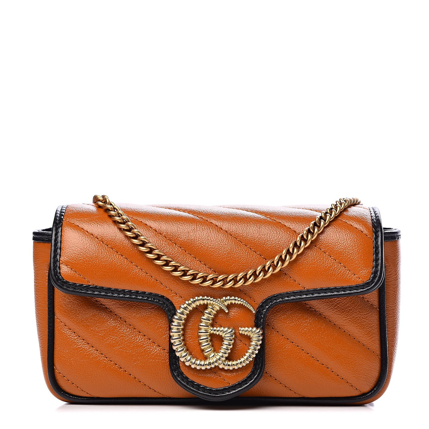 Vintage Effect Calfskin Matelasse Diagonal Super Mini Torchon GG Marmont Shoulder Bag Cognac