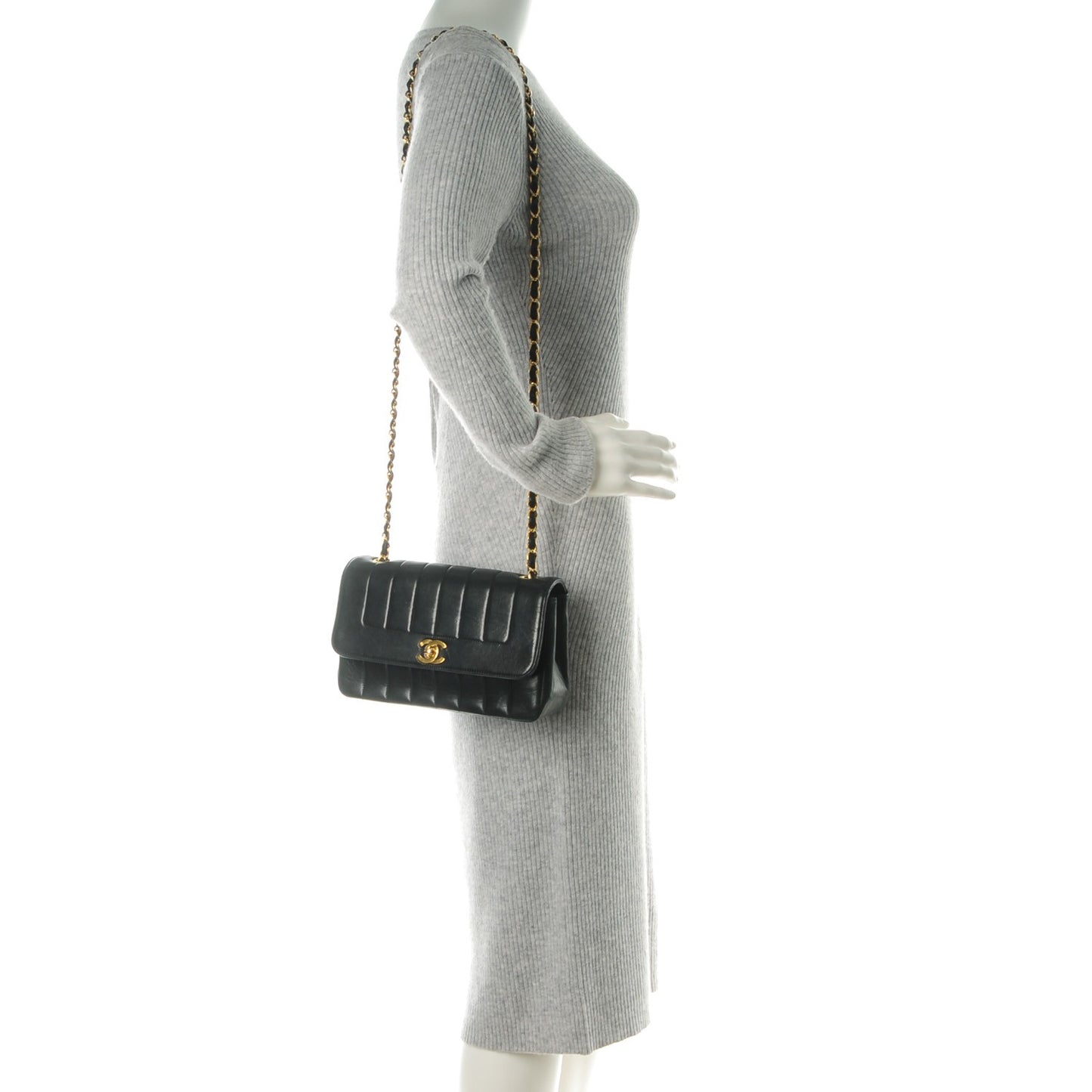 Lambskin Vertical Quilted Small Single Flap Black