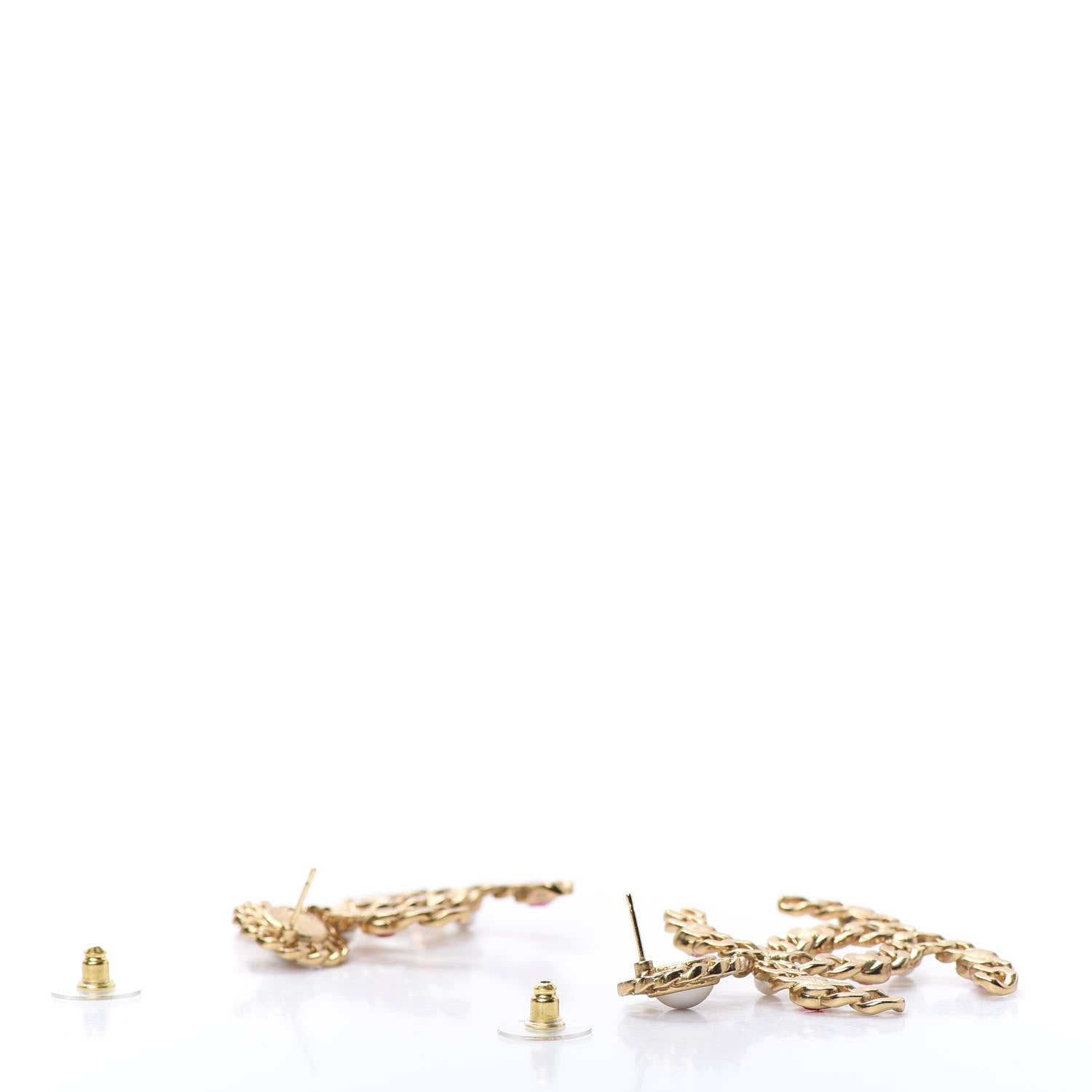 Chanel Pearl Crystal Chain Link CC Drop Earrings Gold Red Pink Yellow 3 of 5