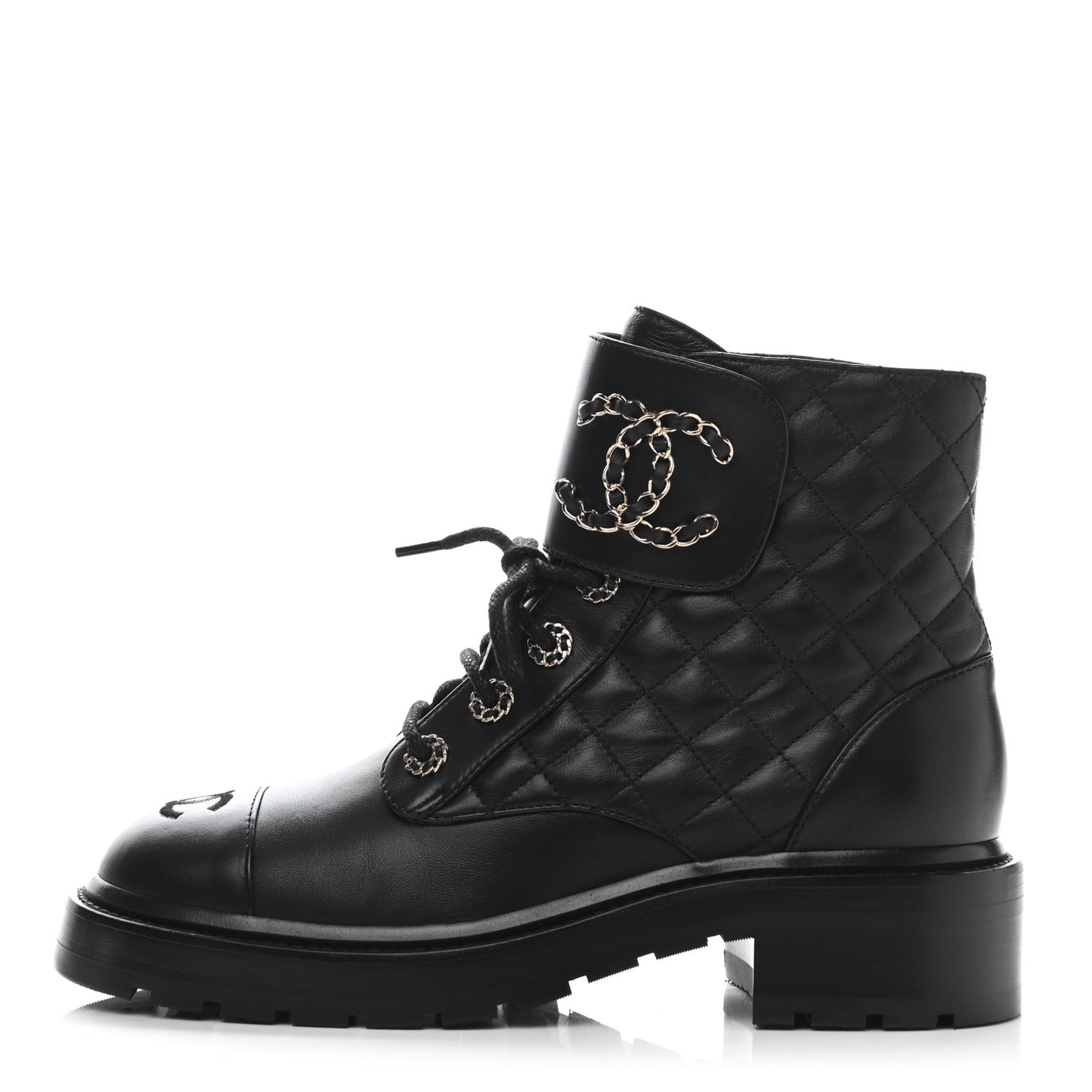 Shiny Lambskin Quilted Lace Up Combat Boots 38 Black