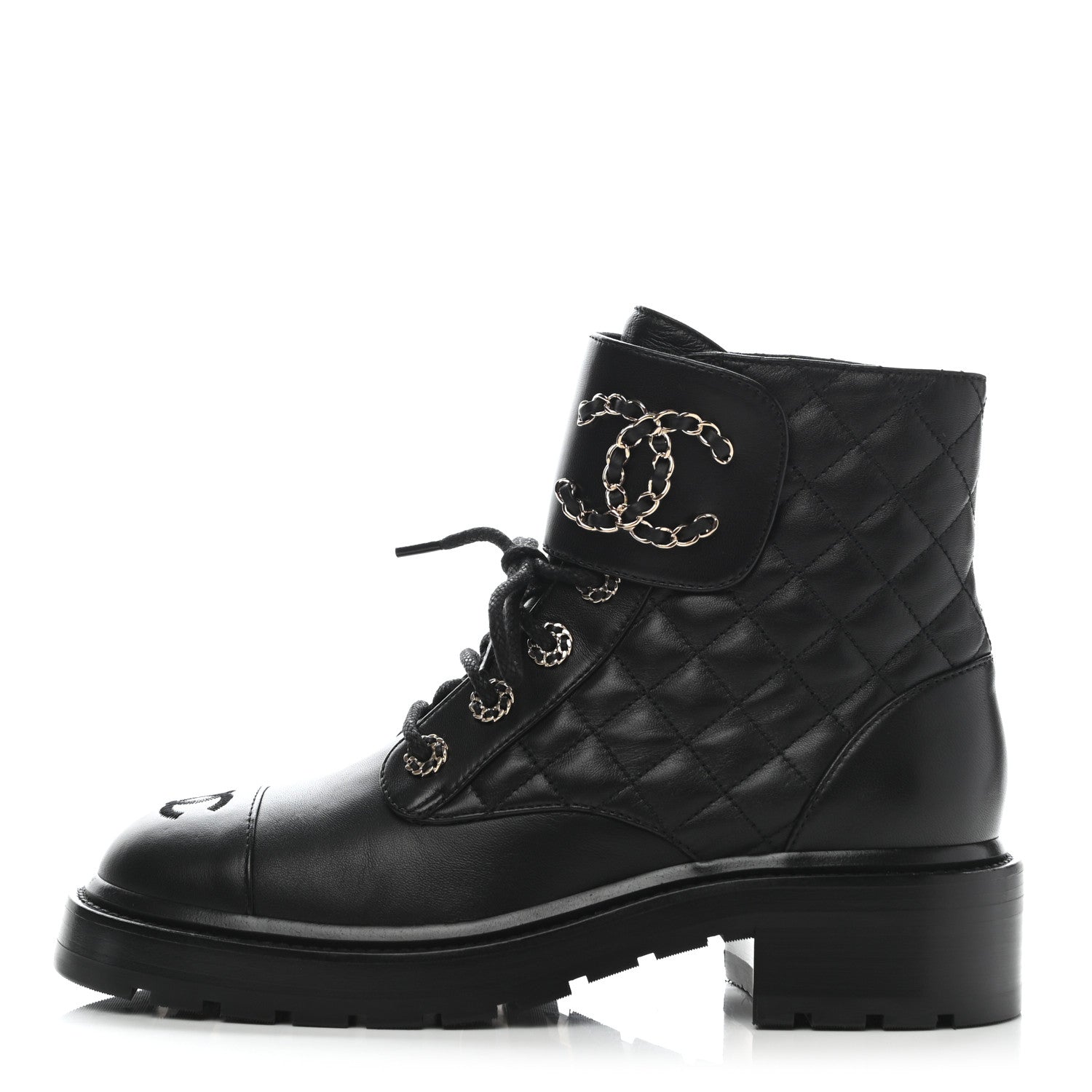 Chanel Shiny Lambskin Quilted Lace Up Combat Boots 38 Black 1 of 9