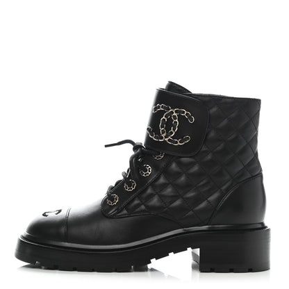 Chanel Shiny Lambskin Quilted Lace Up Combat Boots 38 Black 1 of 9